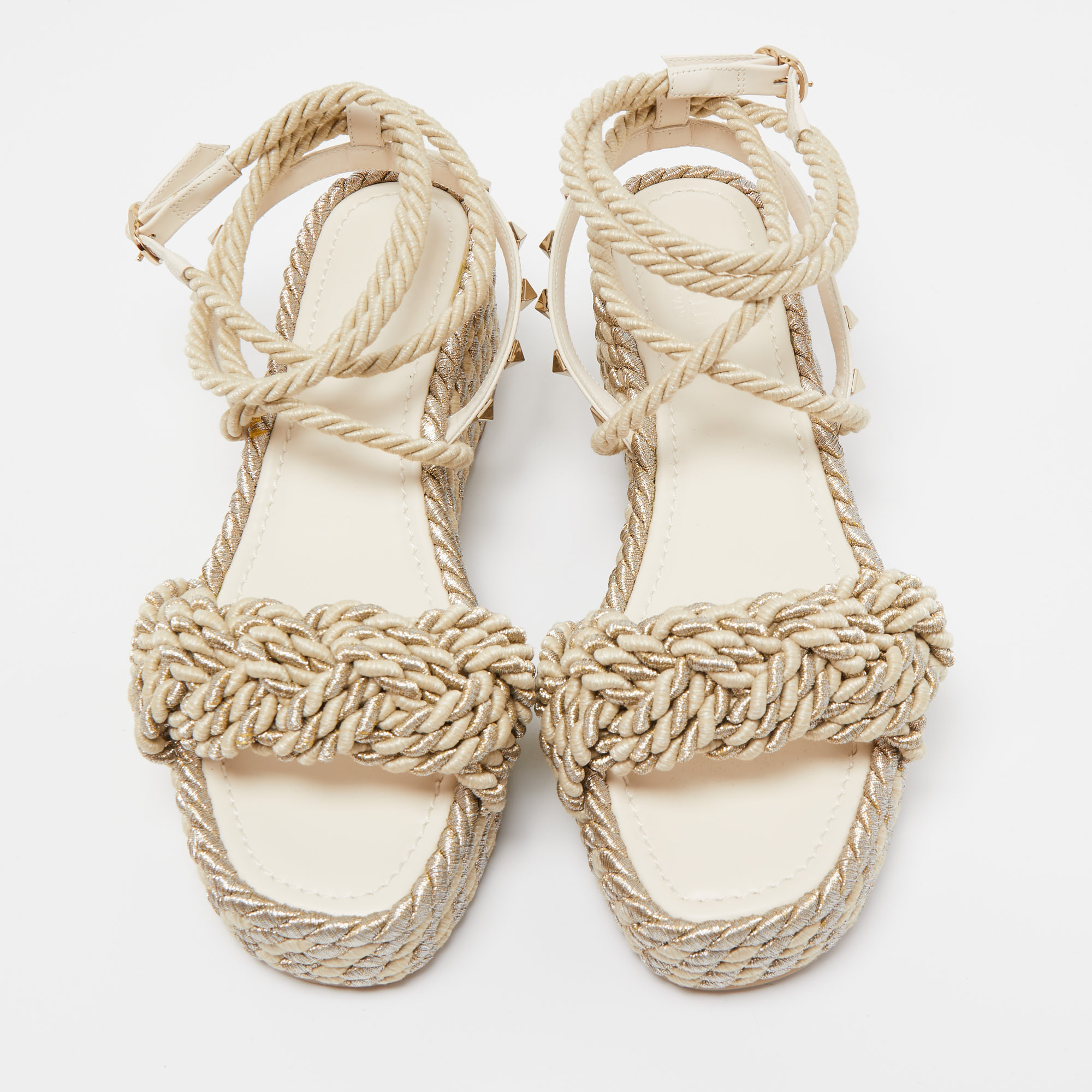 

Valentino Crease Rope and Leather Rockstud Wedge Espadrille Ankle Wrap Sandals Size, Cream