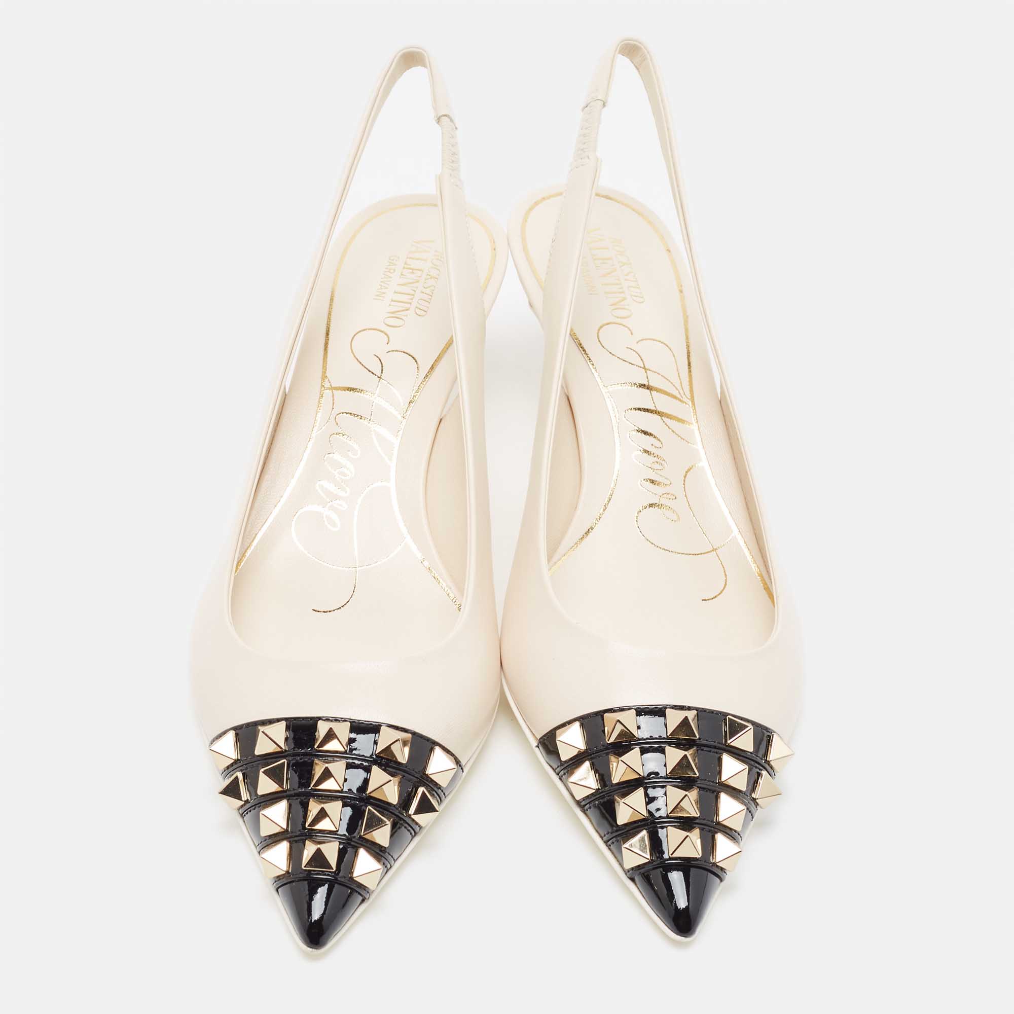 

Valentino x Alcove Off White/Black Patent and Leather Rockstud Slingback Pumps Size