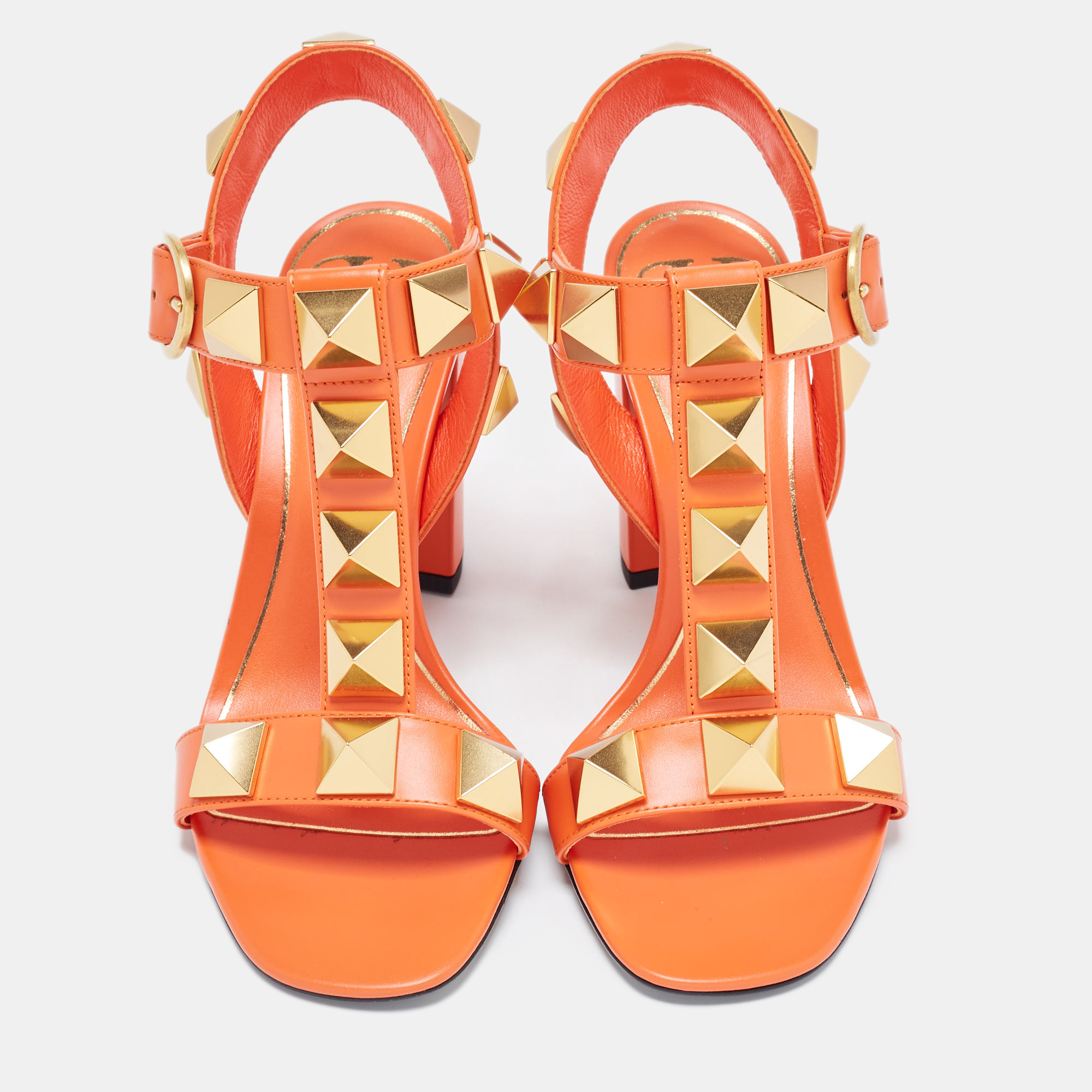 

Valentino Orange Leather Roman Stud Ankle Strap Sandals Size