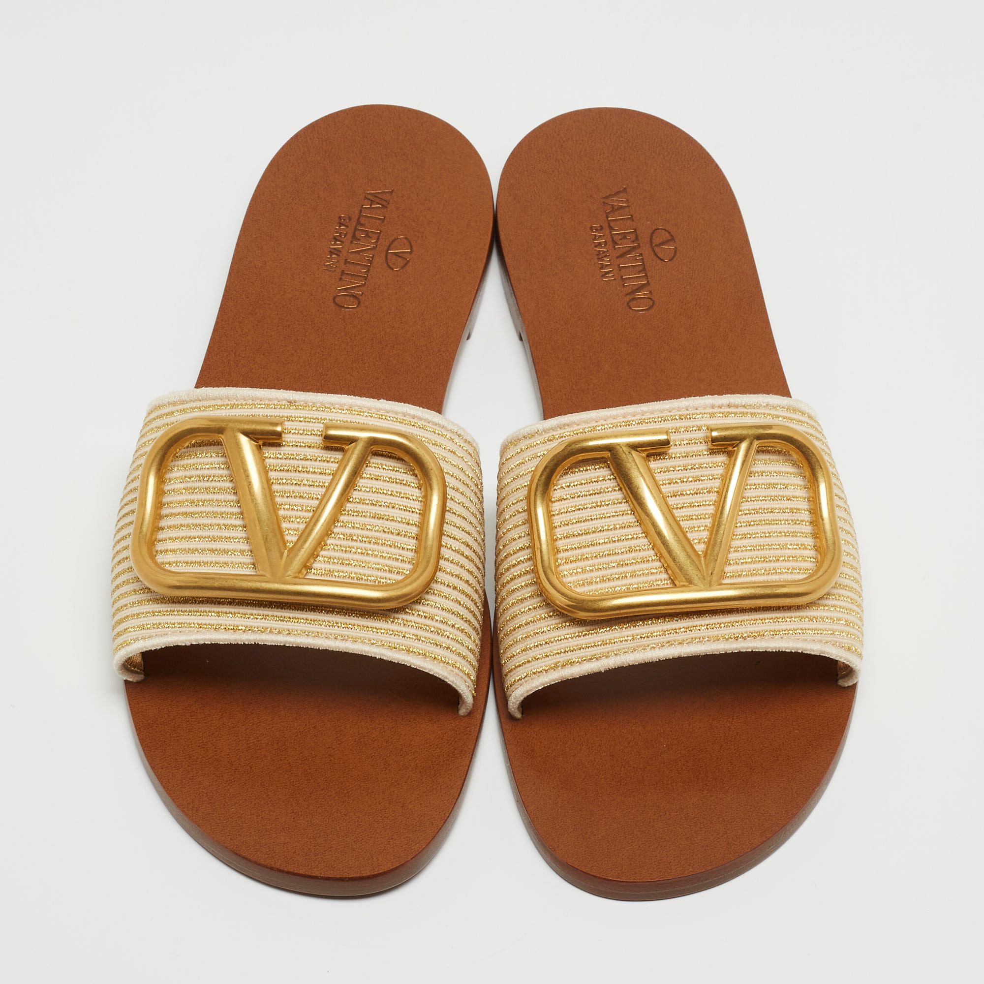 

Valentino Two Tone Embroidered Fabric Vlogo Flat Slides Size, Gold