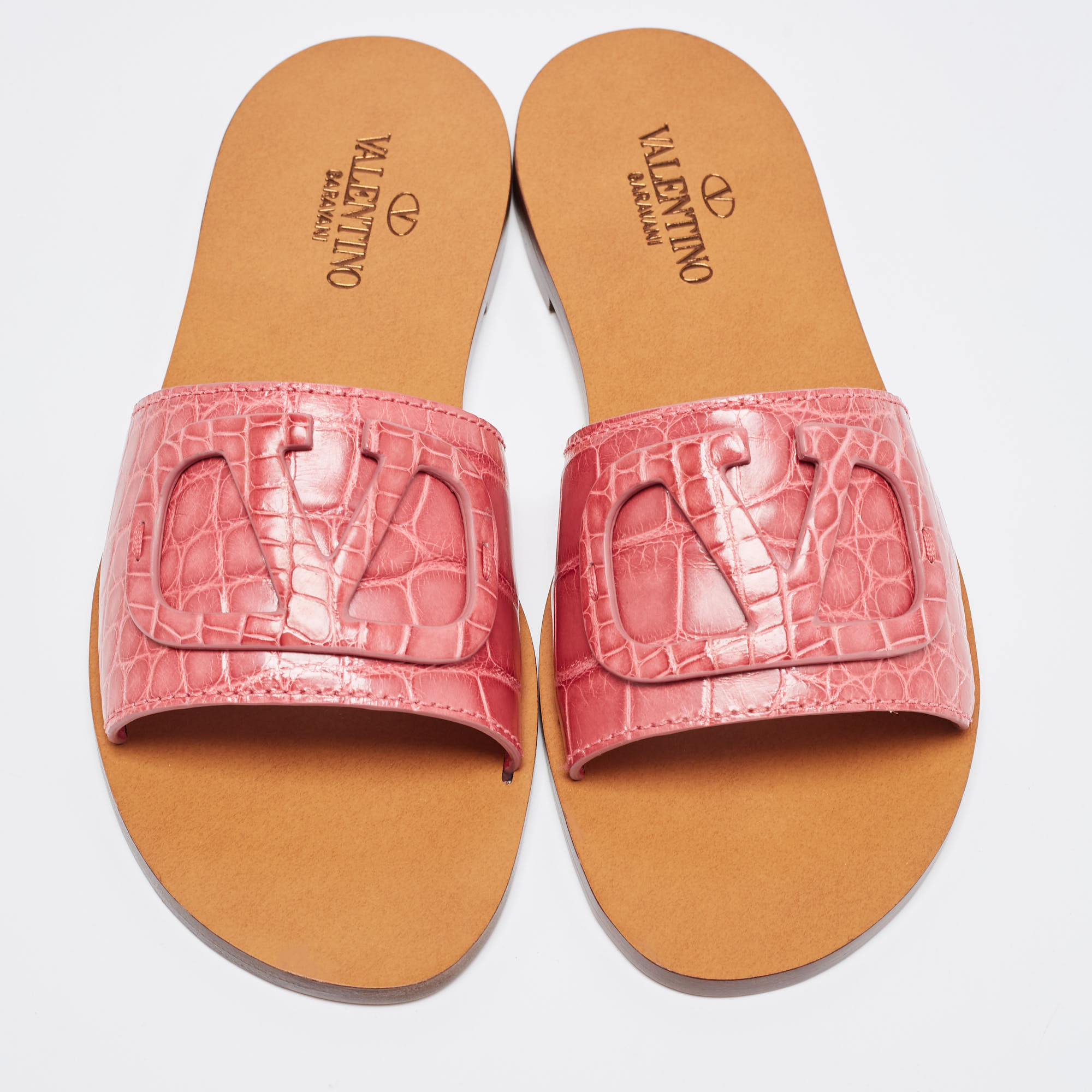 

Valentino Old Rose Alligator Leather VLogo Flat Slides Size, Pink