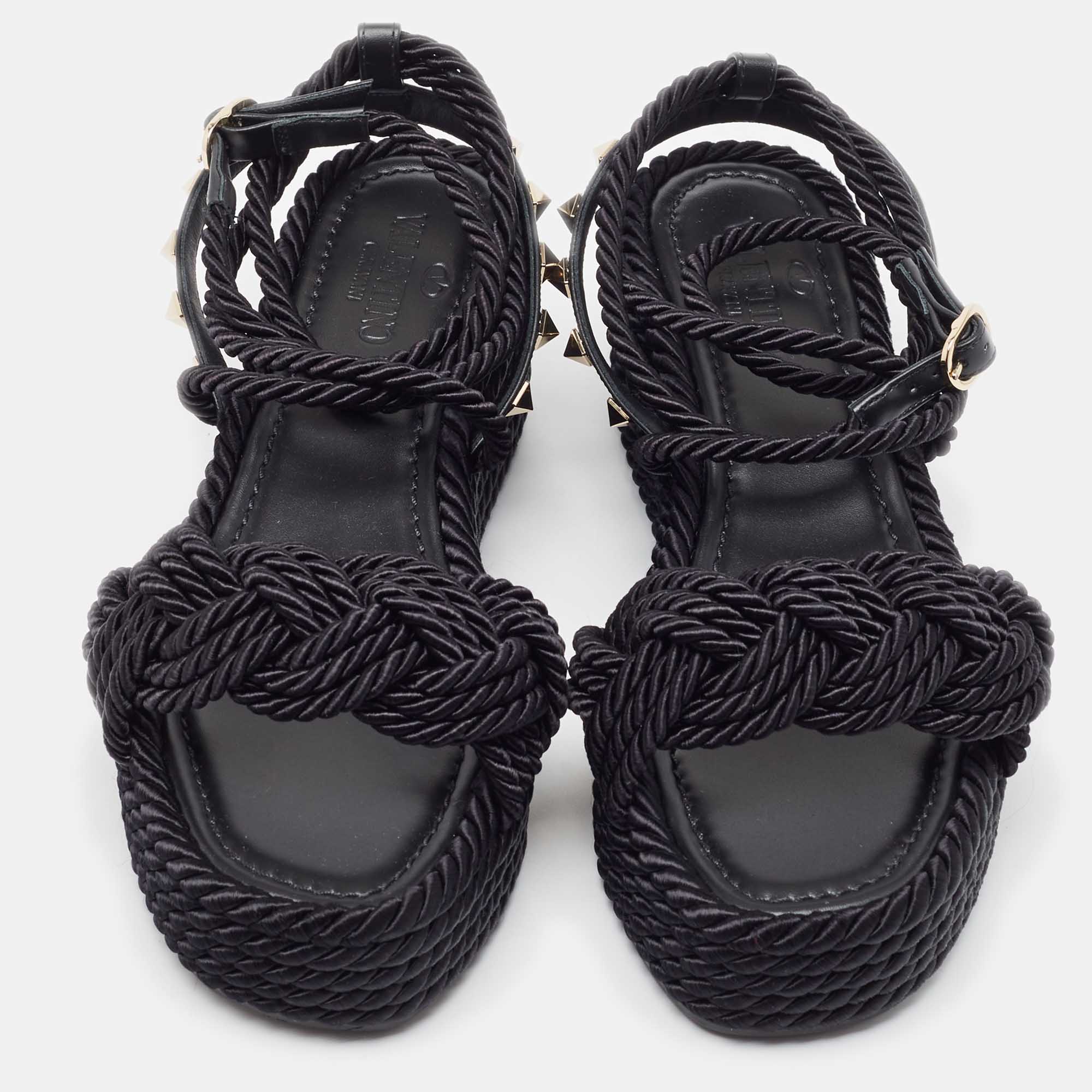 

Valentino Black Rope and Leather Rockstud Espadrille Wedge Ankle Wrap Sandals Size