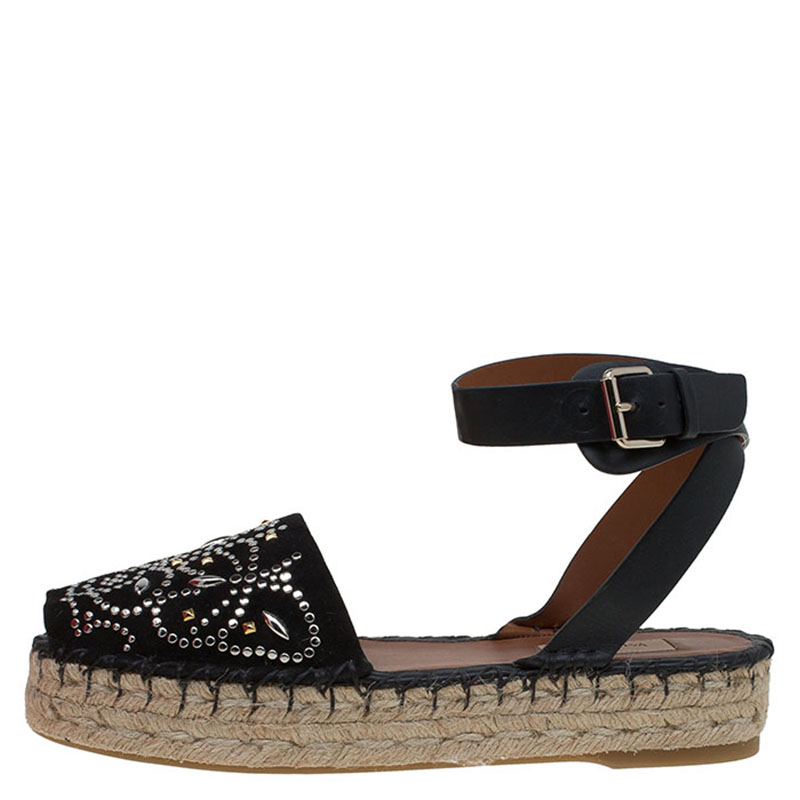 

Valentino Black Embellished Suede and Leather Ankle Strap Espadrilles Size