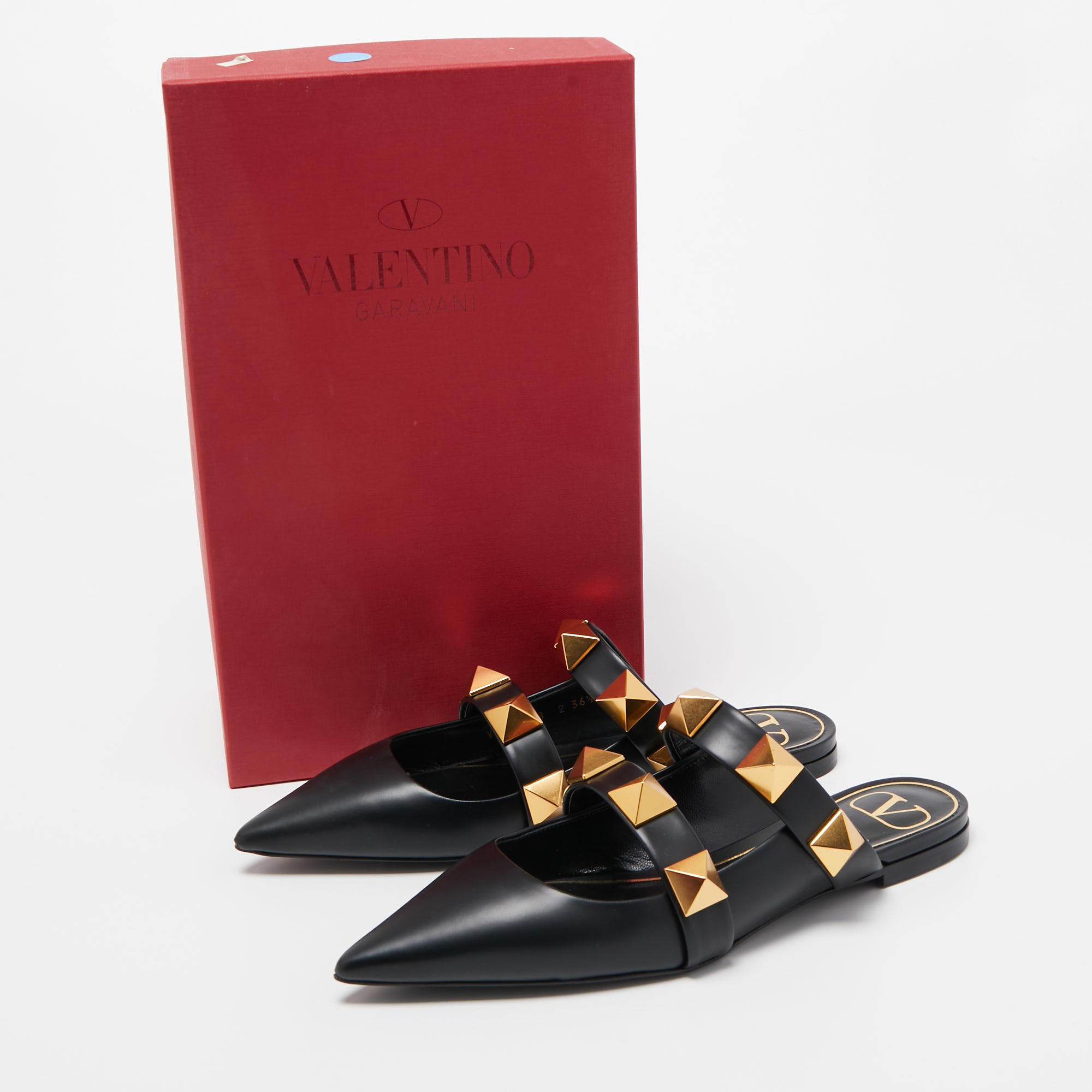 

Valentino Black Leather Roman Stud Flat Mules Size