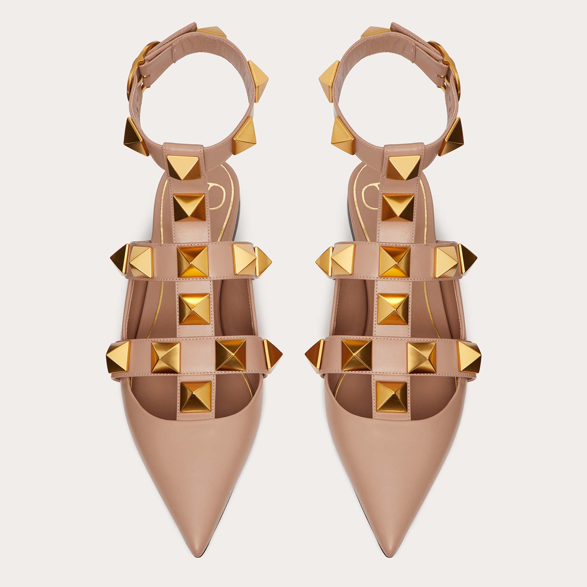 

Valentino Pink Leather Roman Stud Ankle Strap Flat Ballerinas Size