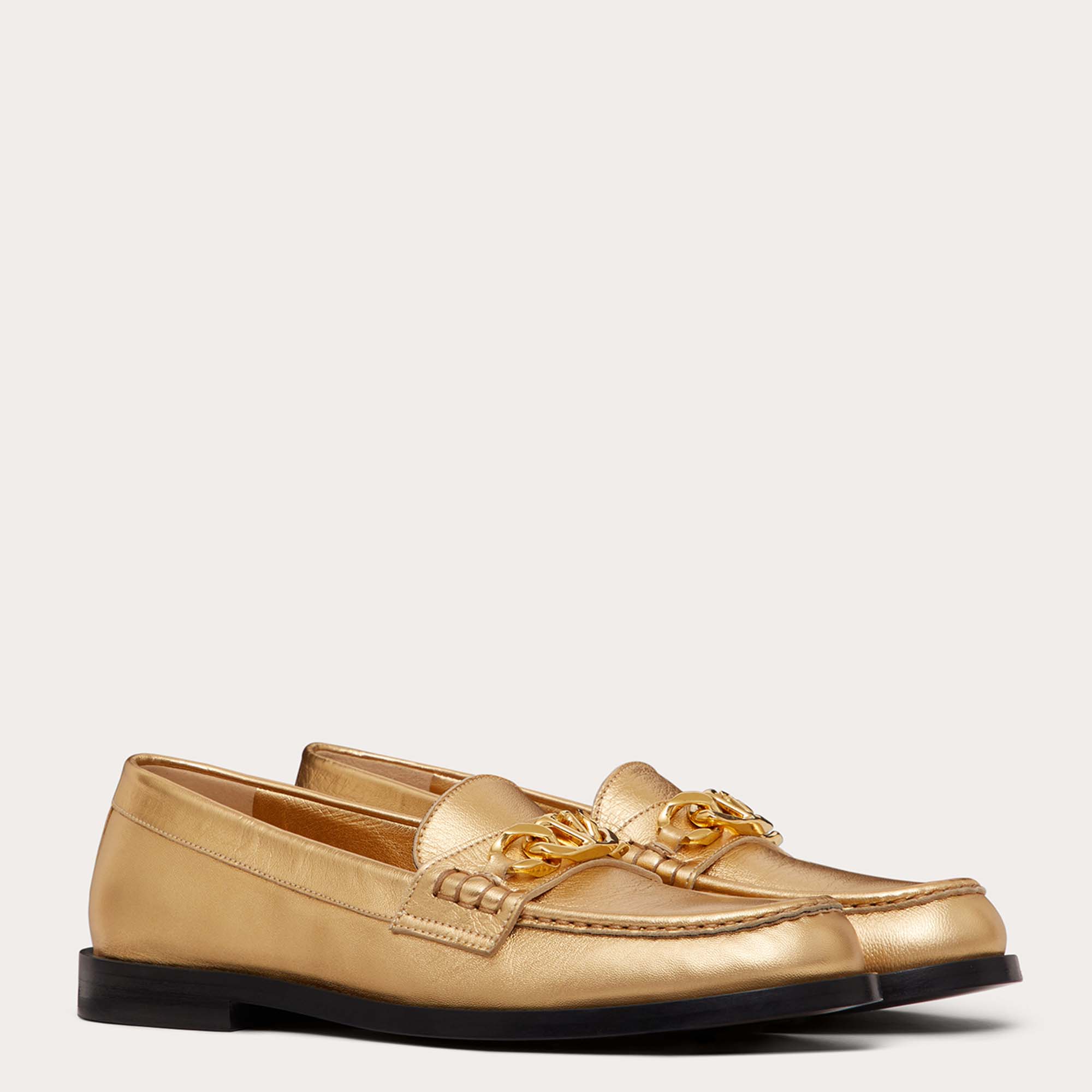 

Valentino Gold Leather VLogo Chain Slip On Loafers Size