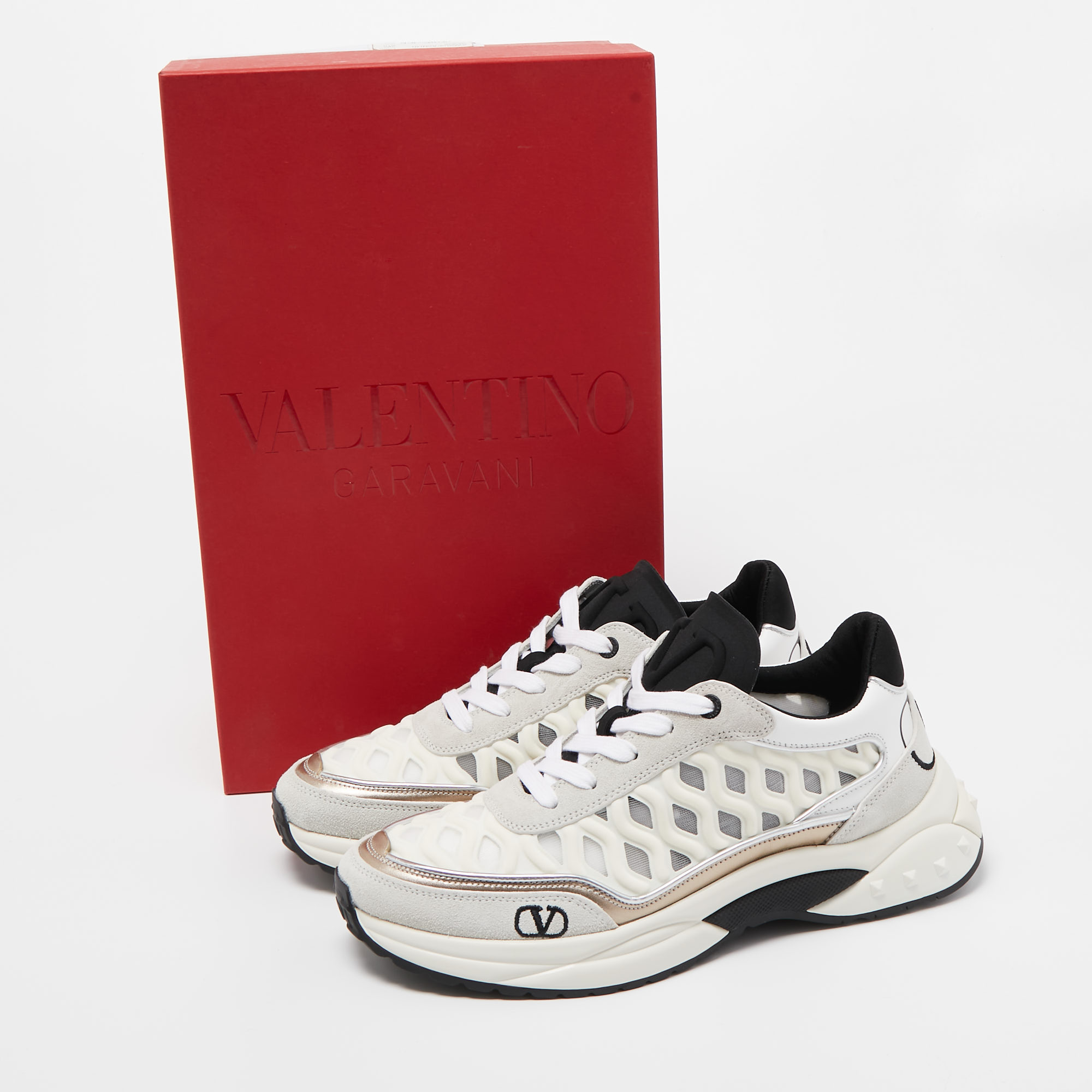 

Valentino Off White/Black Multicolor Leather & Fabric Ready Go Runner Sneakers Size