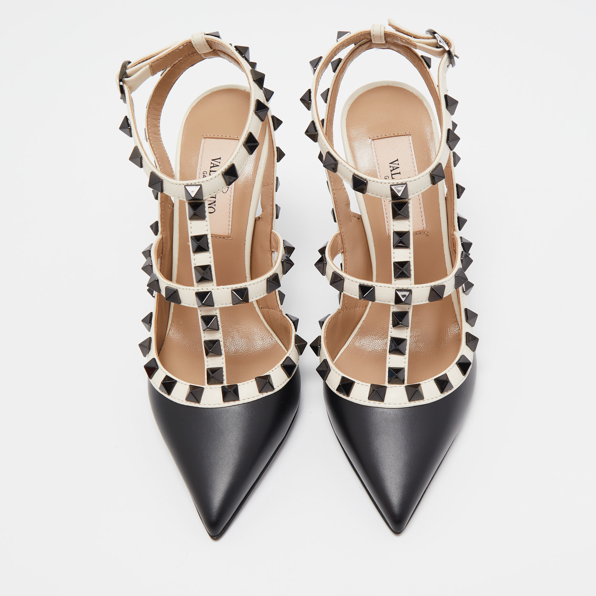 

Valentino Black/White Leather Rockstud Ankle Strap Pumps Size