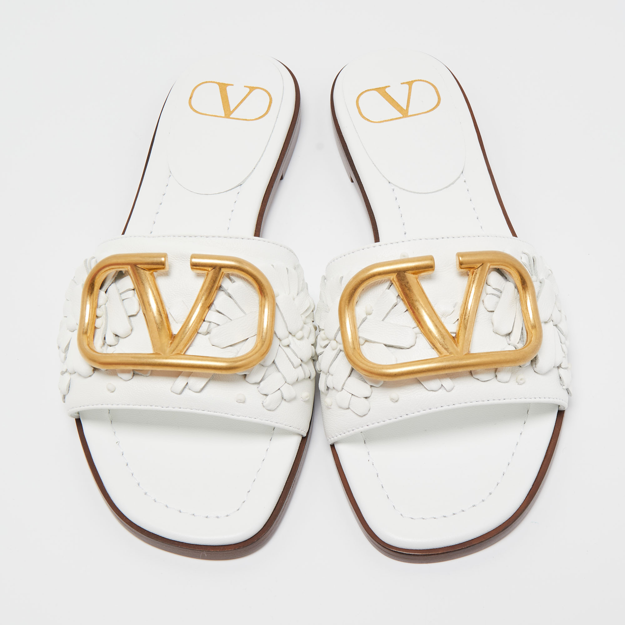 

Valentino White Leather Floral Vlogo Flat Slides Size