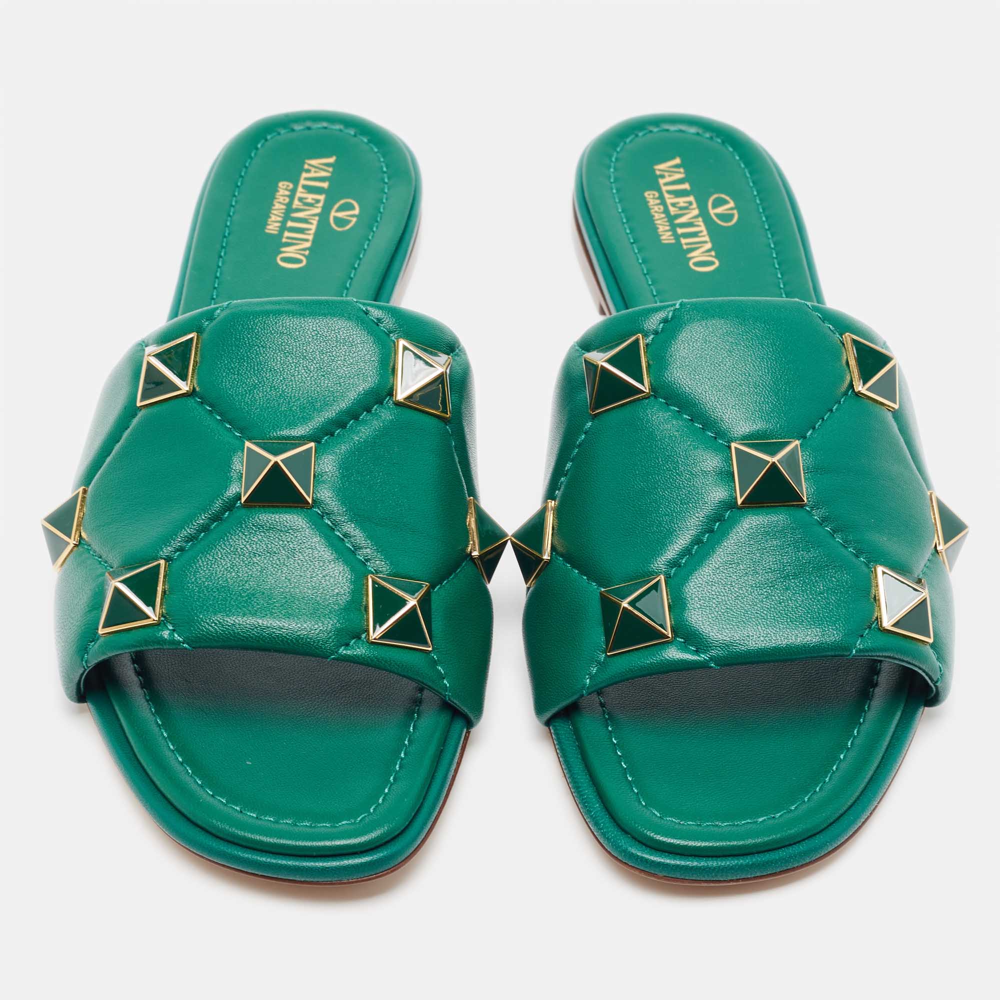 

Valentino Green Quilted Leather Roman Stud Flat Slides Size