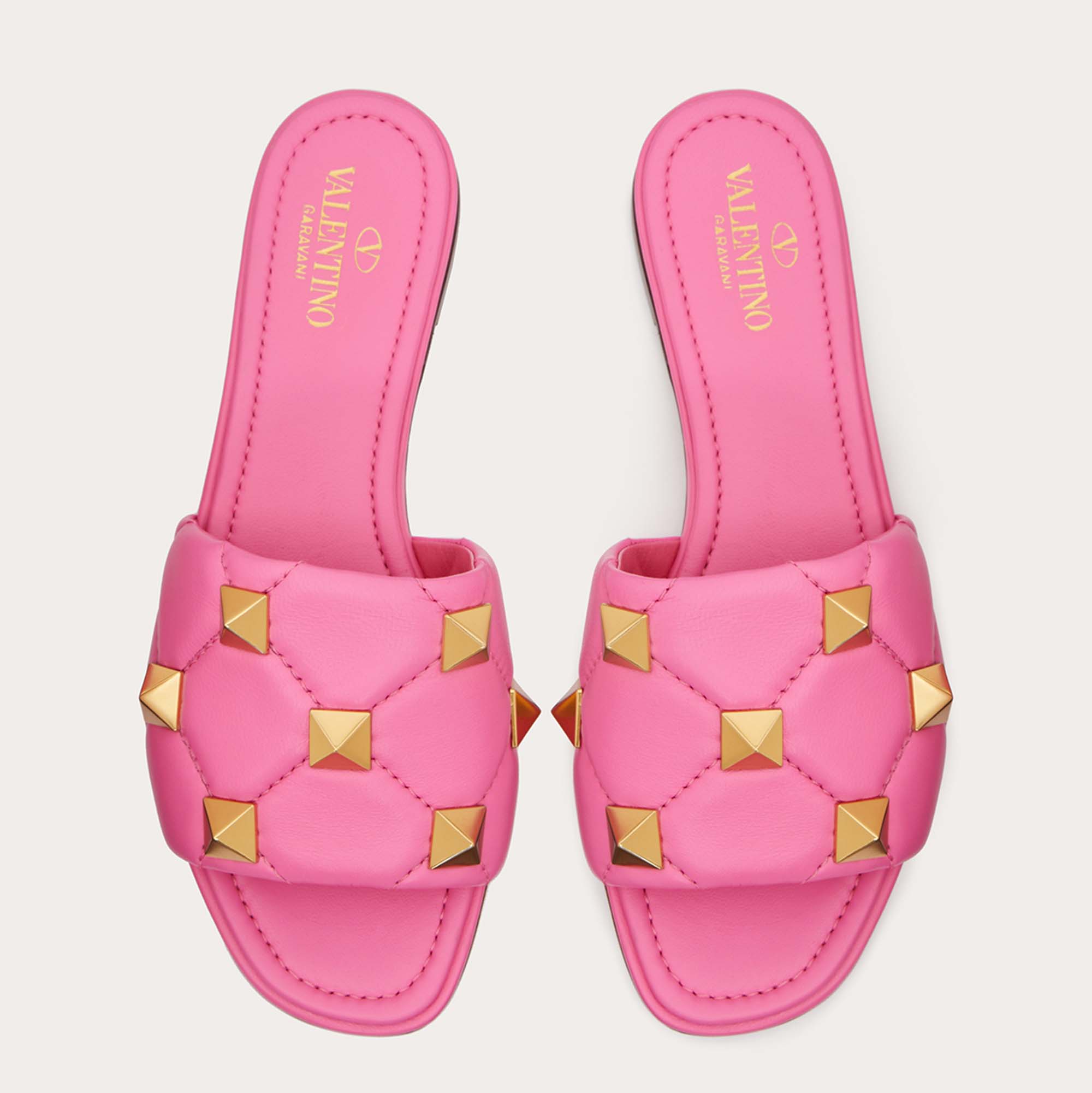 

Valentino Pink Quilted Leather Roman Stud Flat Slide Sandals Size