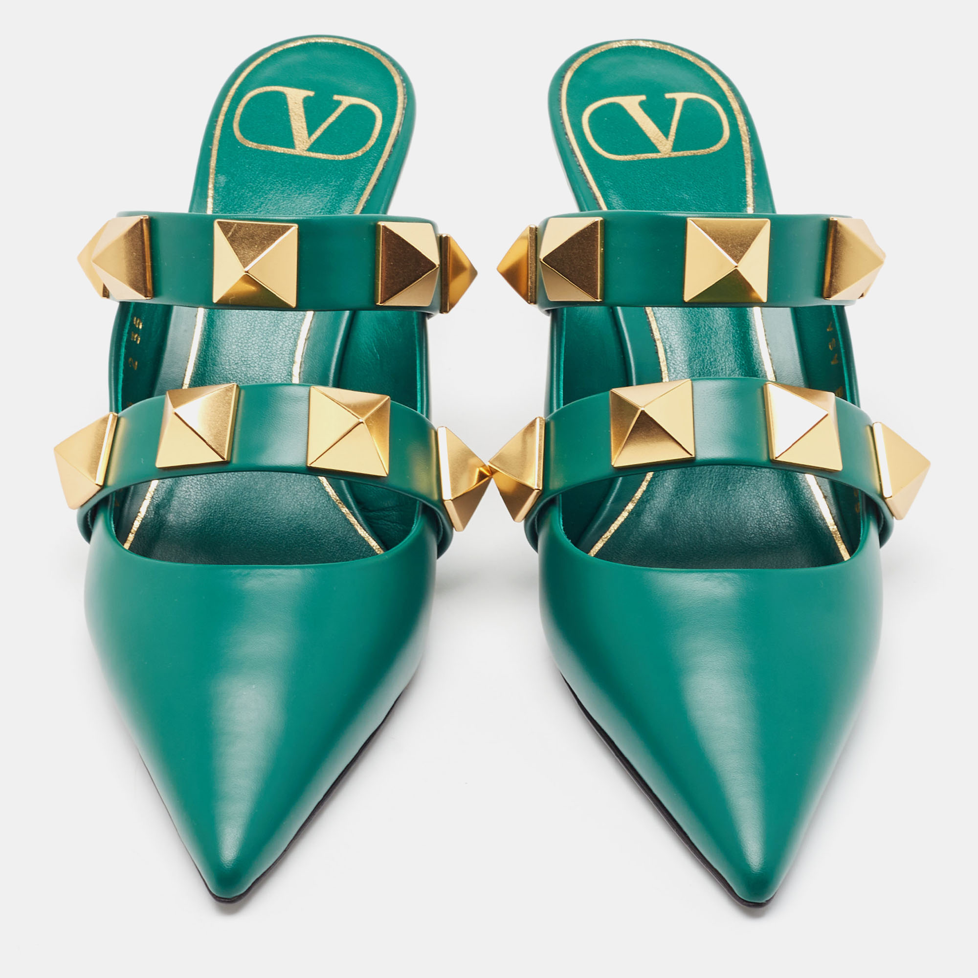 

Valentino Green Leather Roman Stud Pointed Toe Mules Size
