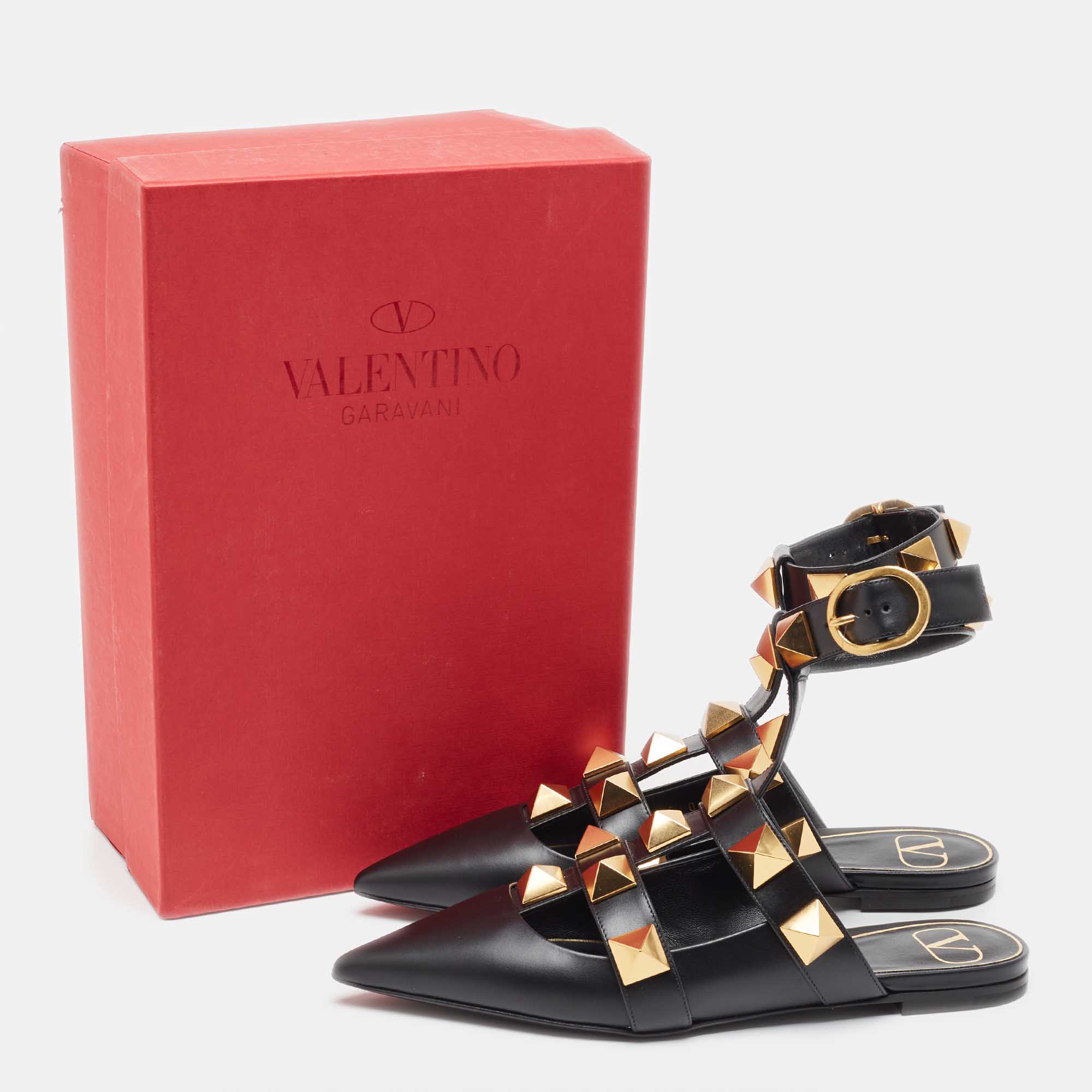 

Valentino Black Leather Roman Stud Ankle Strap Ballerinas Size