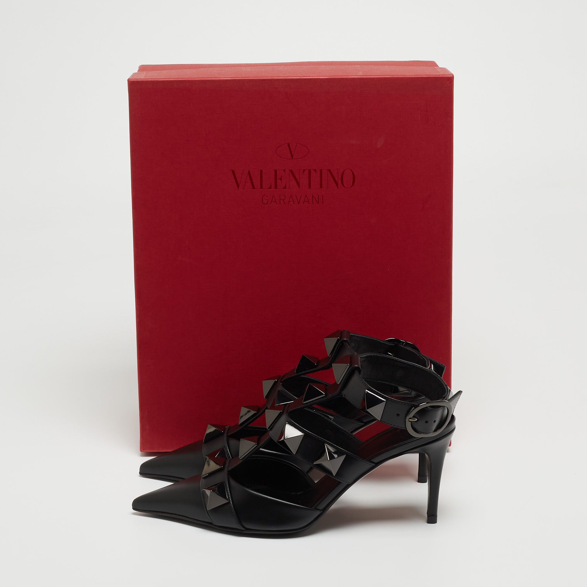 

Valentino Black Leather Roman Stud Ankle Strap Pumps Size