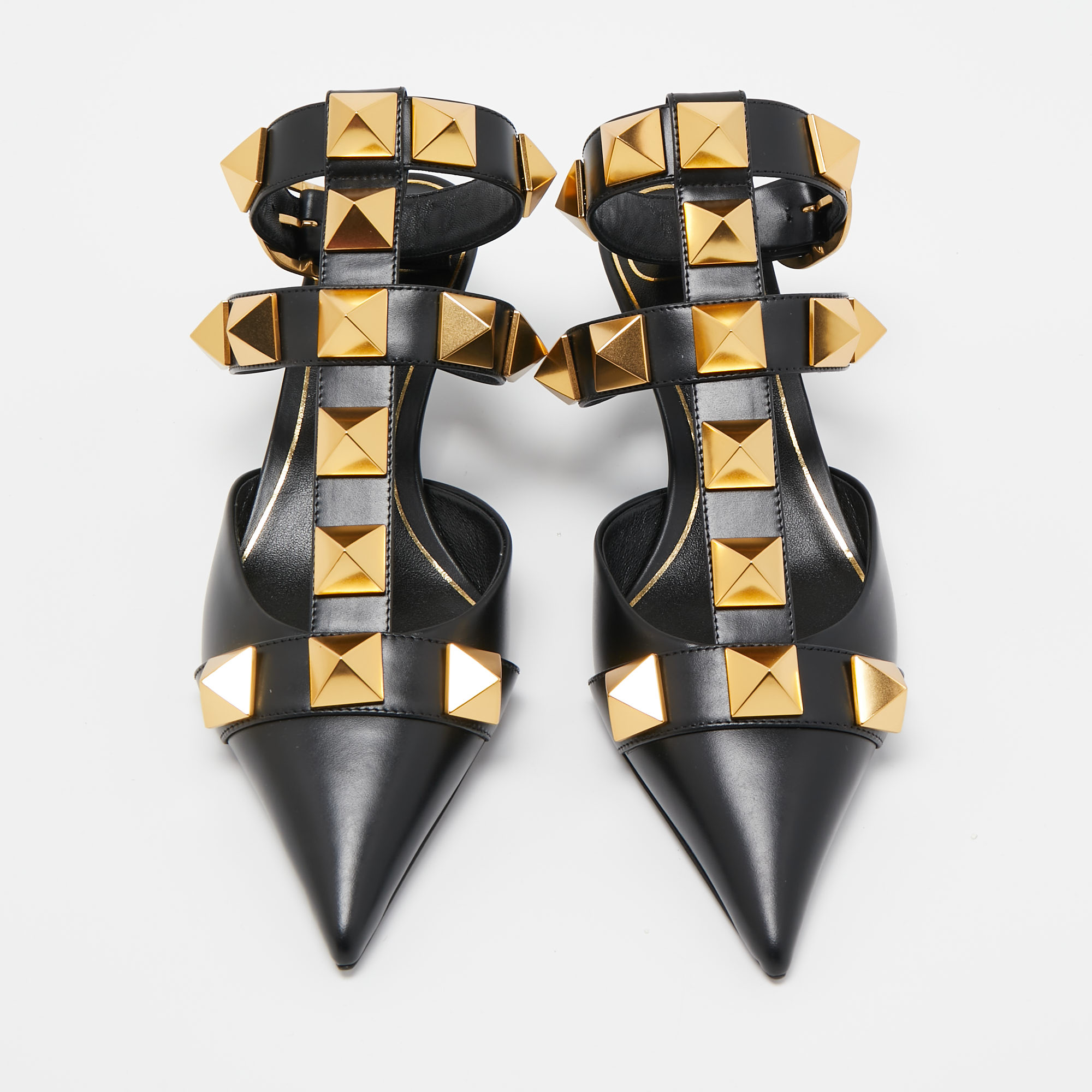 

Valentino Black Leather Roman Stud Ankle Strap Pumps Size