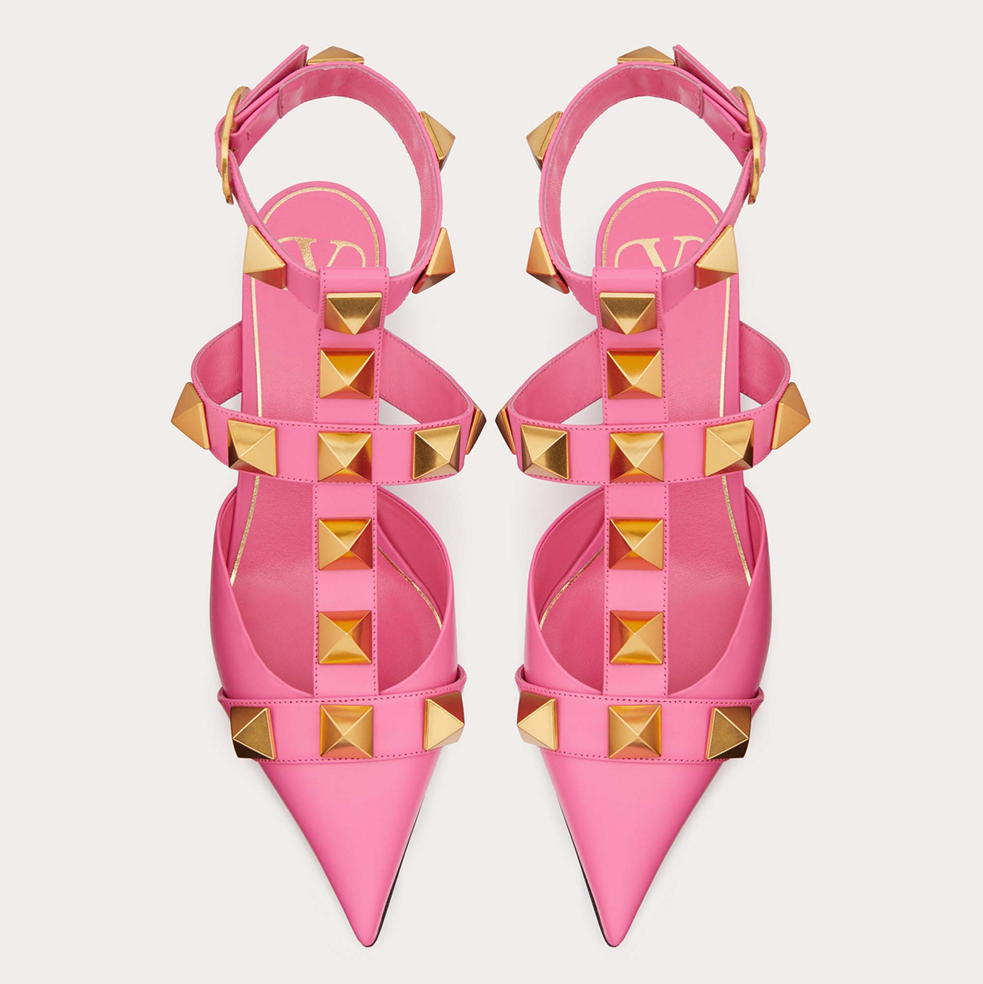 

Valentino Pink Leather Roman Stud Ankle Strap Pumps Size