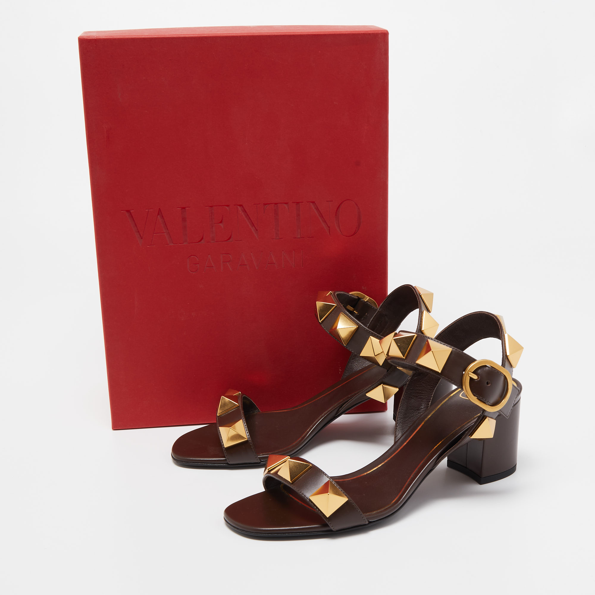 

Valentino Brown Leather Roman Stud Ankle Strap Sandals Size