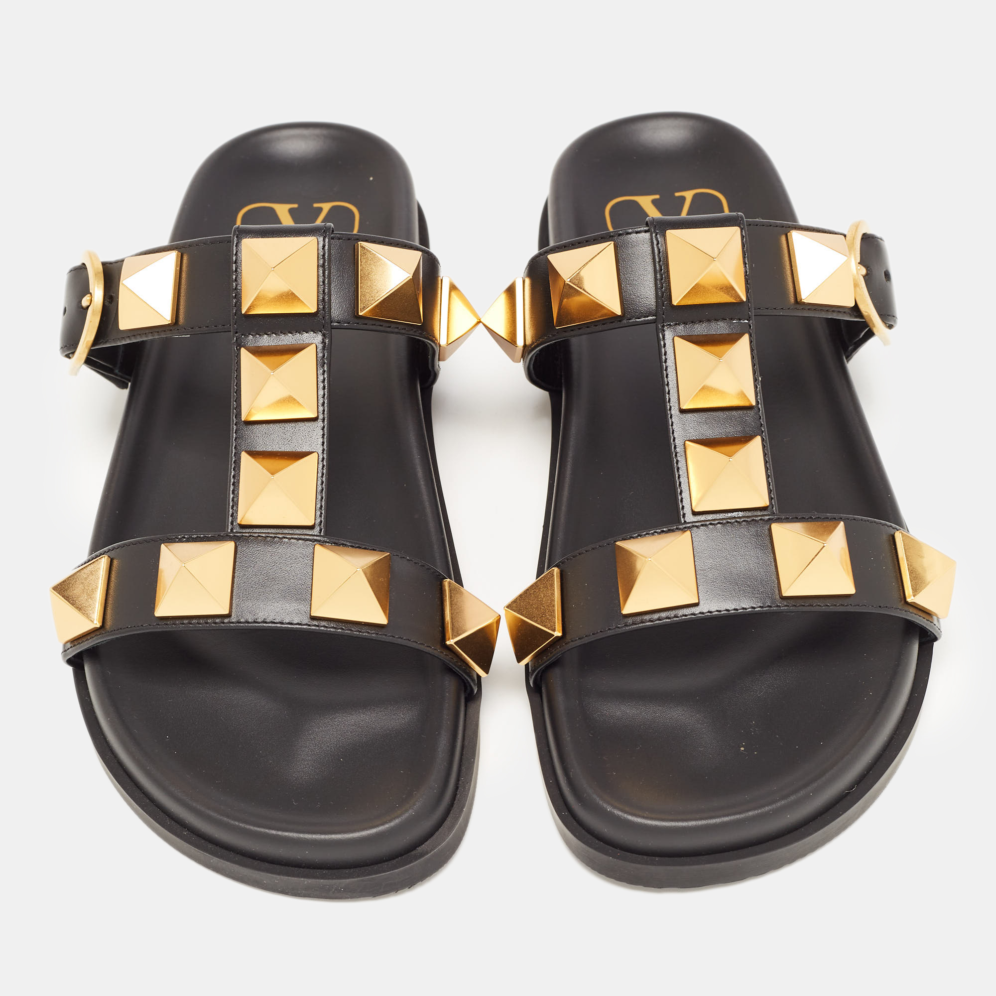 

Valentino Black Leather Roman Stud Flat Slide Sandals Size