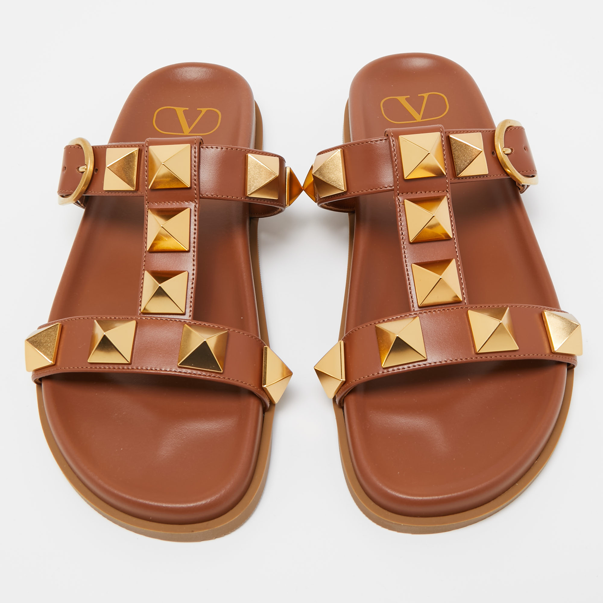 

Valentino Brown Leather Roman Stud Flat Slides Size