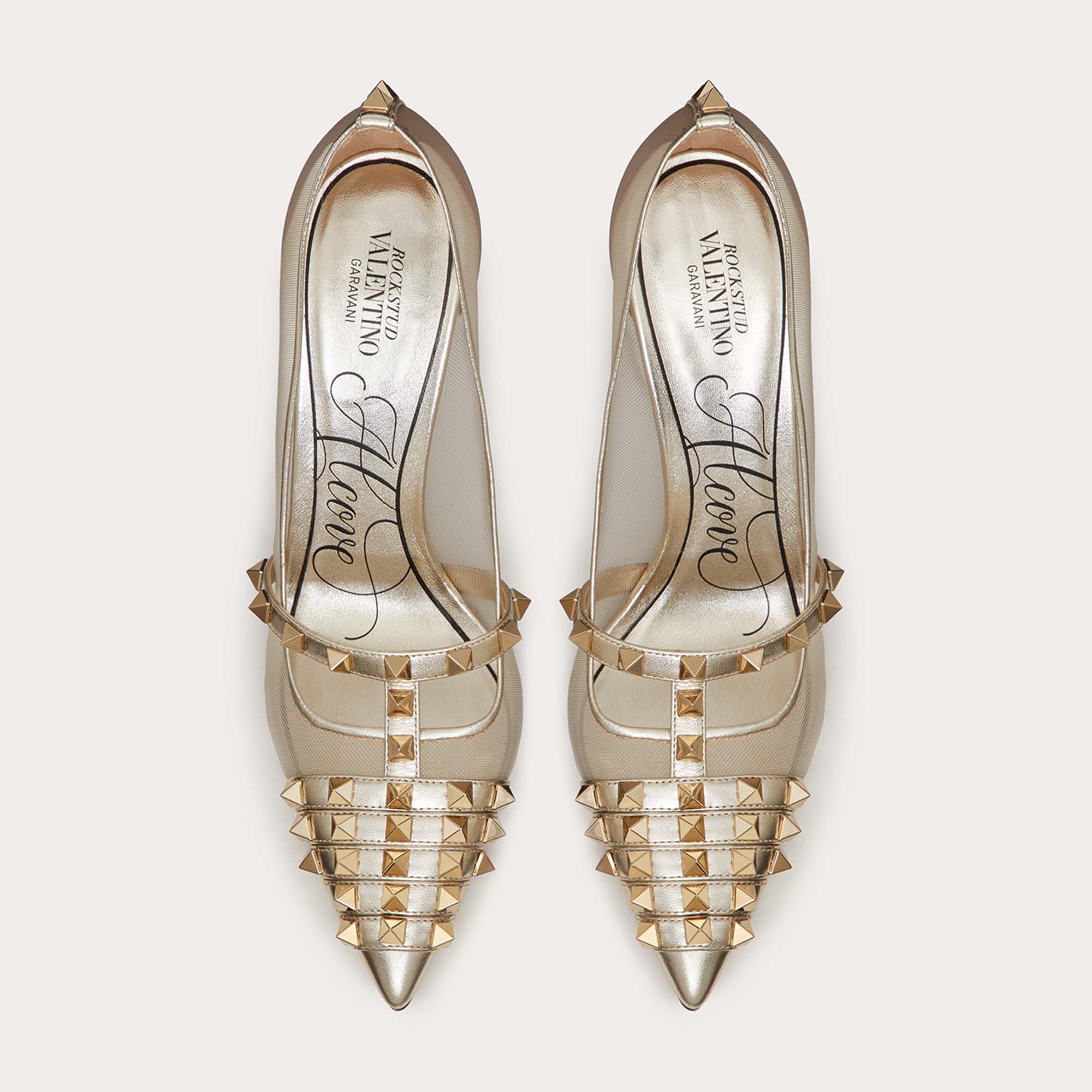 

Valentino Pale Gold Mesh and Leather Alcove Rockstud Pumps Size