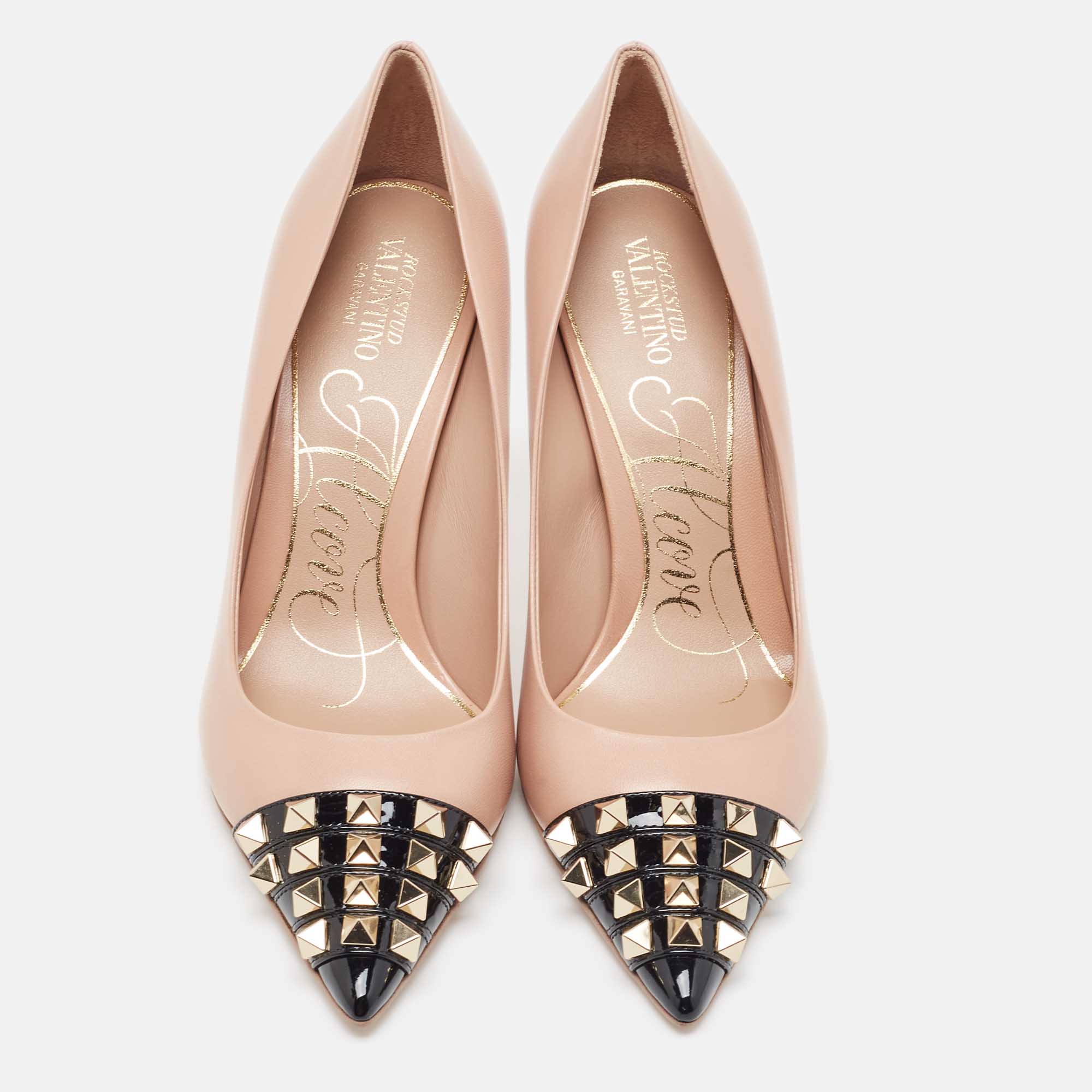

Valentino Rose Pink/Black Leather and Patent Rockstud Alcove Pumps Size