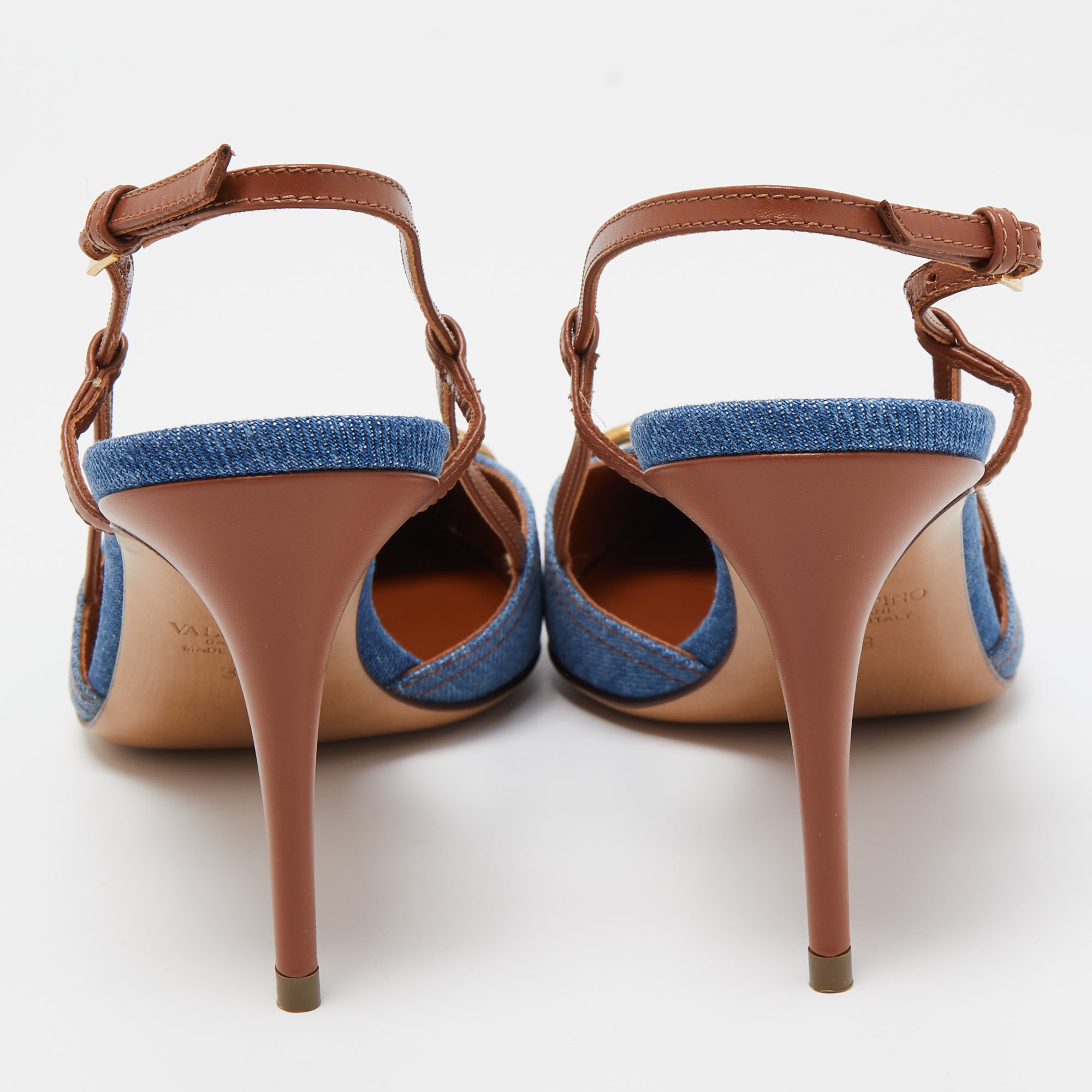 

Valentino Blue/Brown Denim And Leather Vlogo Slingback Sandals Size