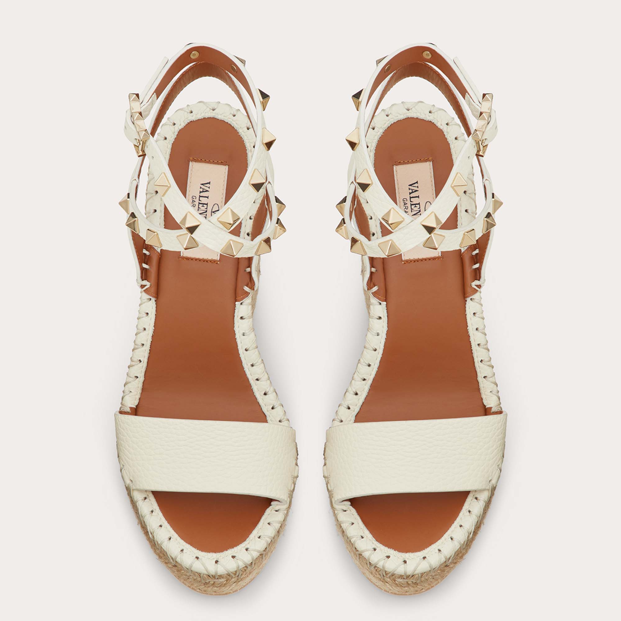 

Valentino White Woven Raffia Rockstud Double Wedge Espadrillas Size