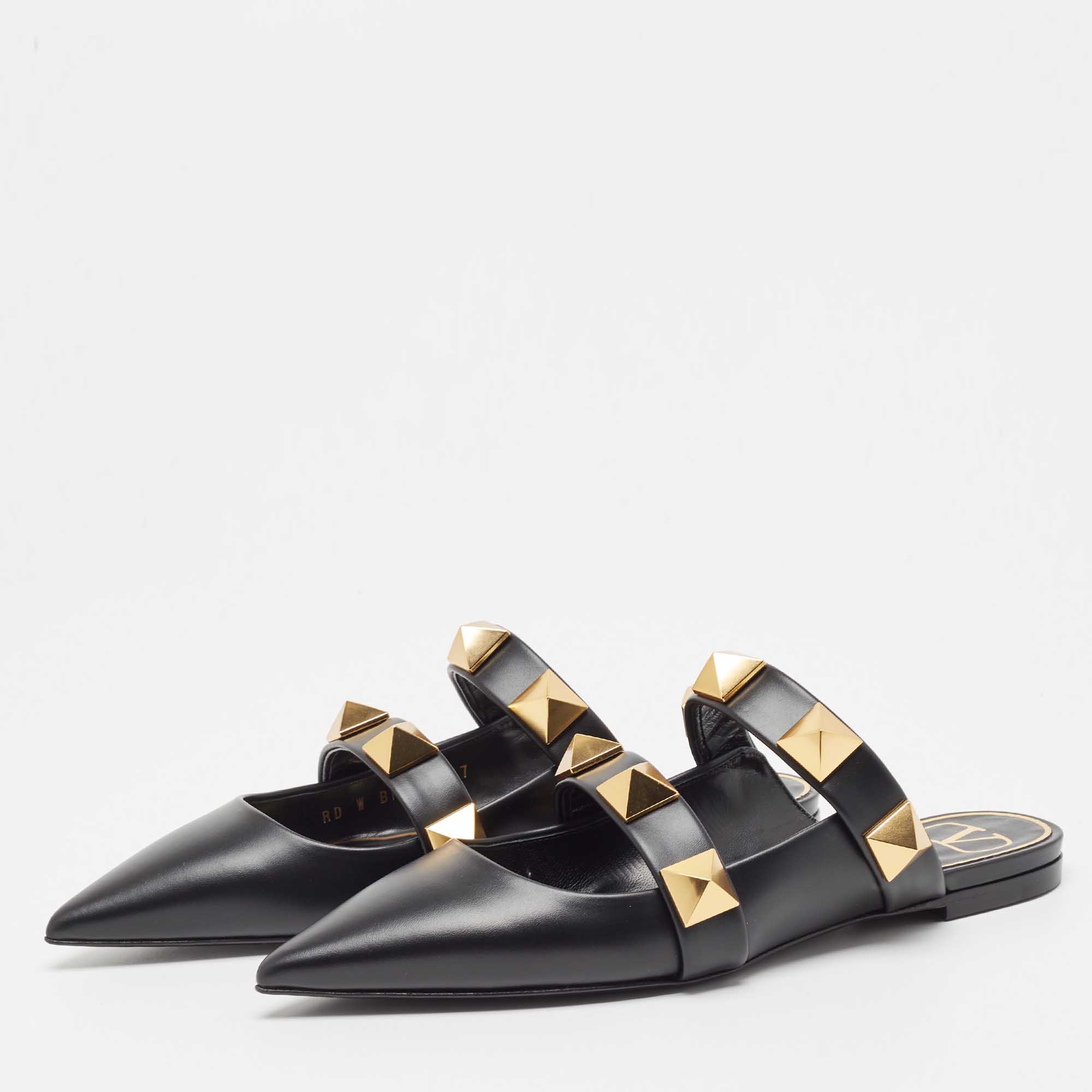 

Valentino Black Leather Roman Stud Pointed Toe Flat Sandals Size