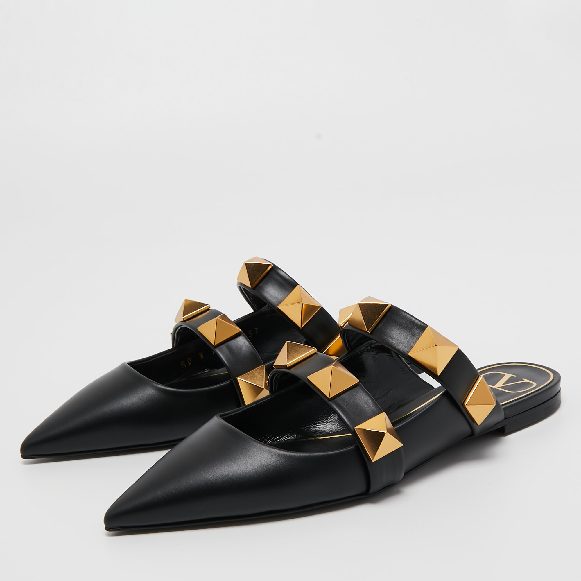 

Valentino Black Leather Roman Stud Flat Mules Size