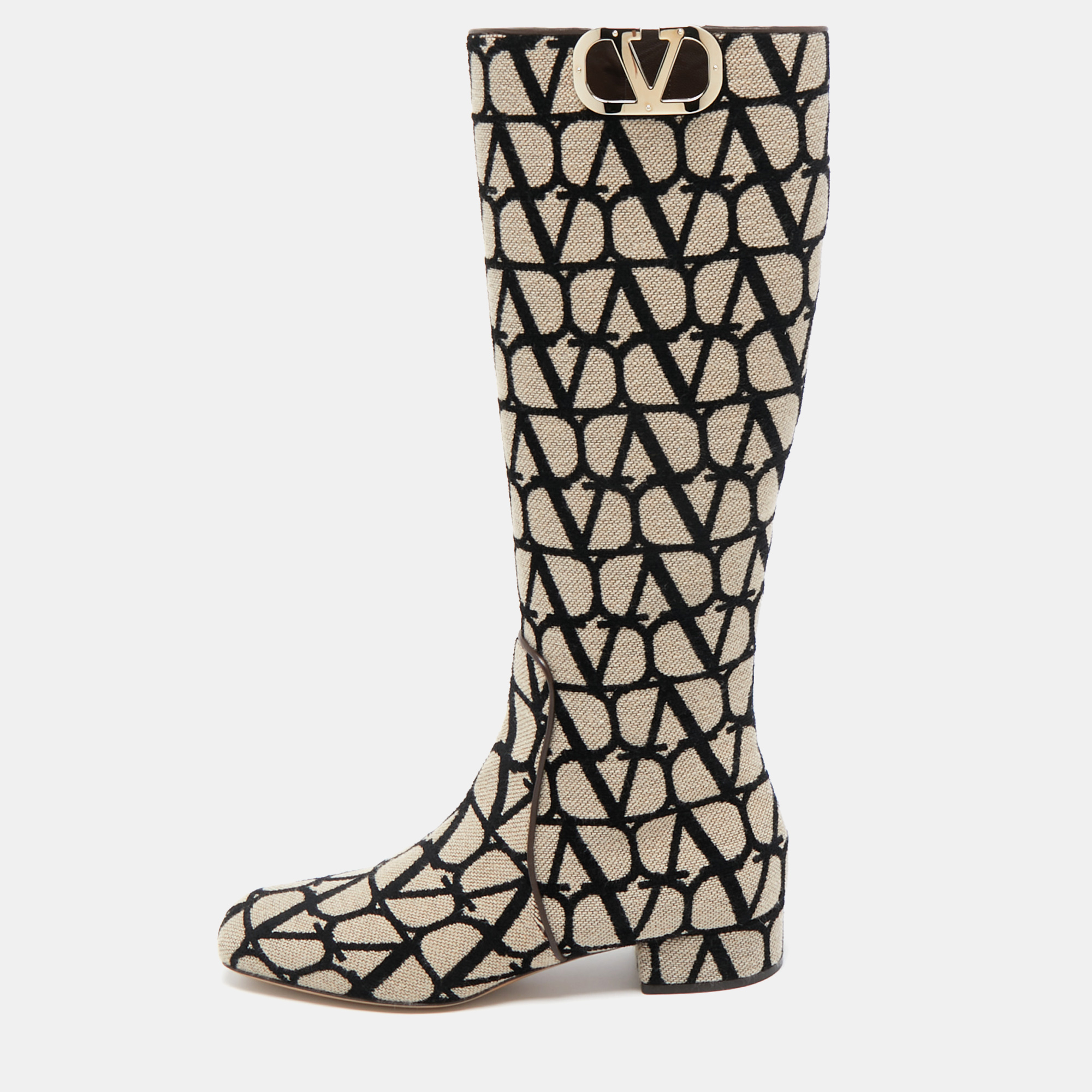 

Valentino Beige/Black Canvas Toile Iconographe Knee Length Boots Size