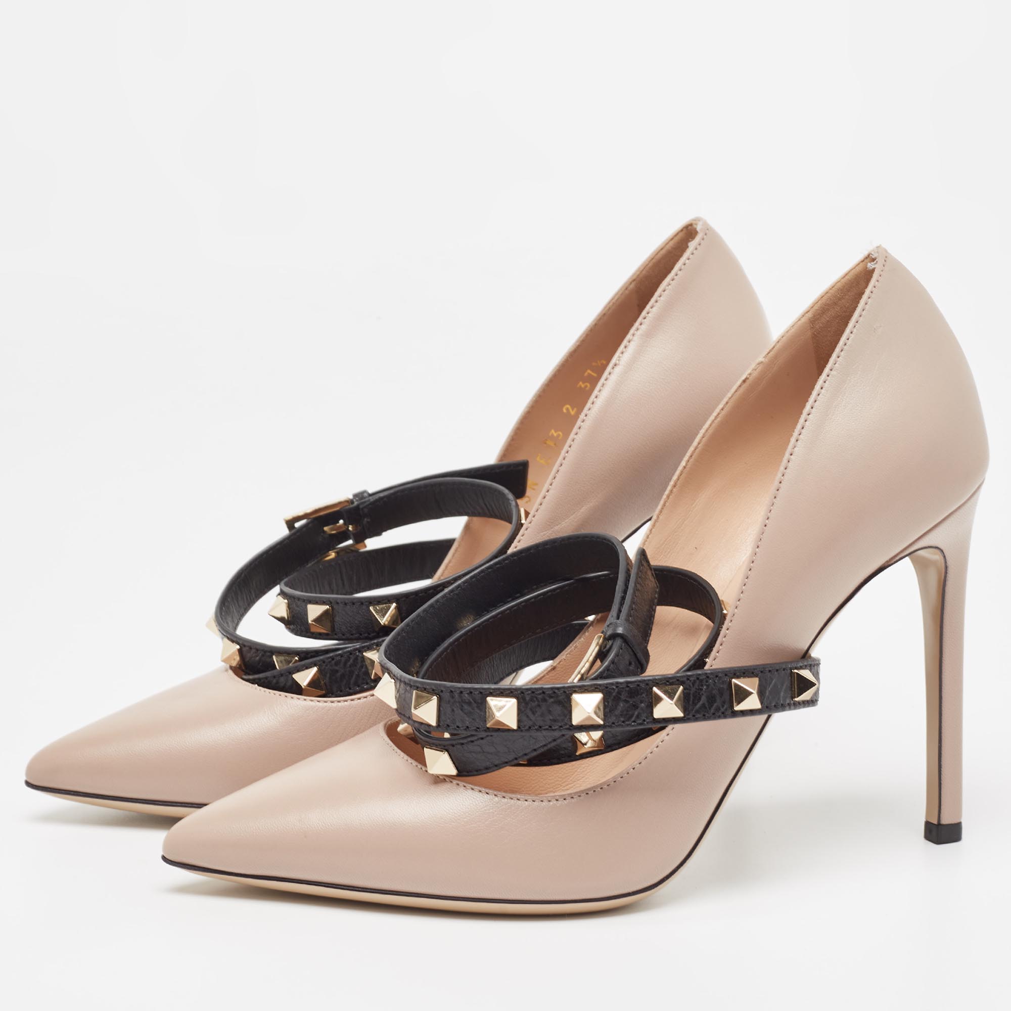 

Valentino Beige/Black Leather Rockstud Ankle Wrap Pumps Size