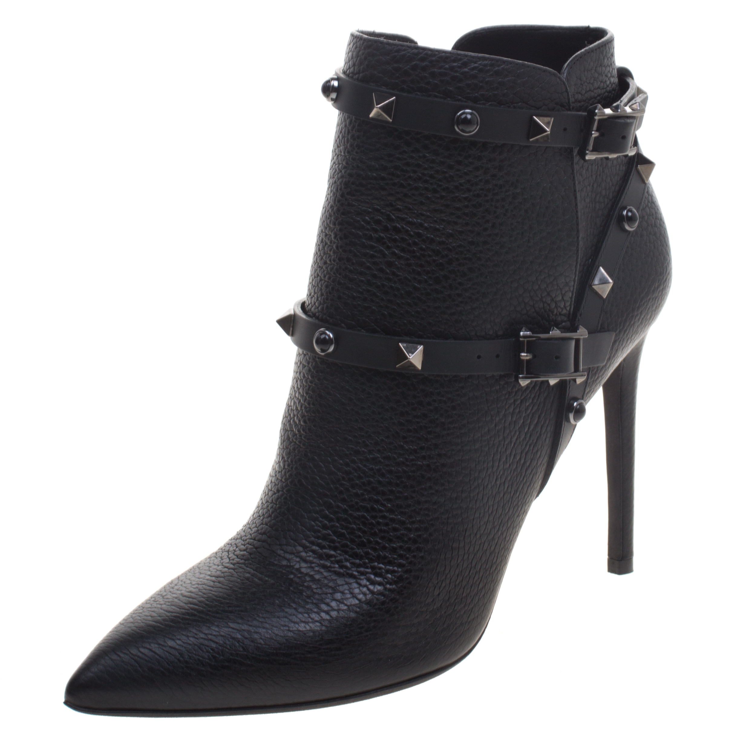 Valentino Black Leather Rolling Rockstud Ankle Boots Size 39