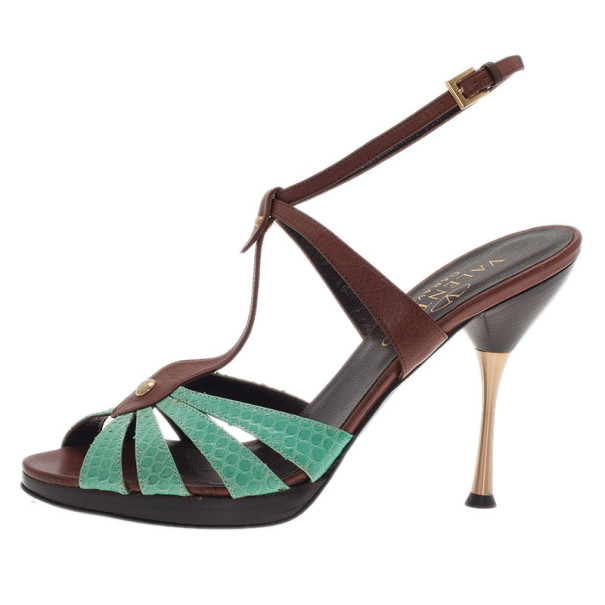 مملوكة مسبقًا Valentino Turquoise and Brown Leather Ankle Strap Sandals Size 37.5
