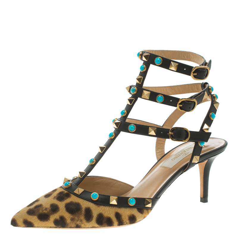 Pre Owned Valentino Leopard Print Calf Hair Rolling Rockstud Sandals Size 37