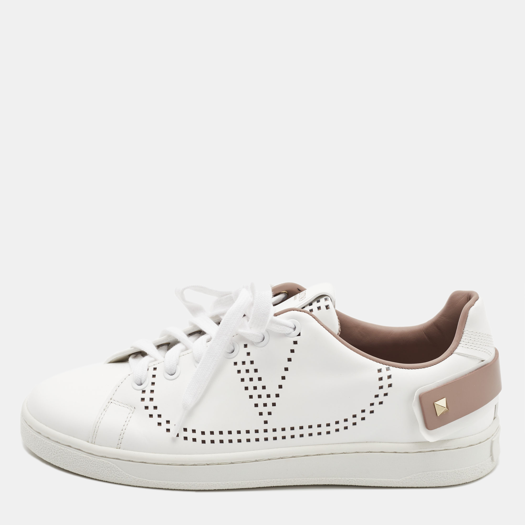 

Valentino White/Beige Leather Perforated V Backnet Sneakers Size