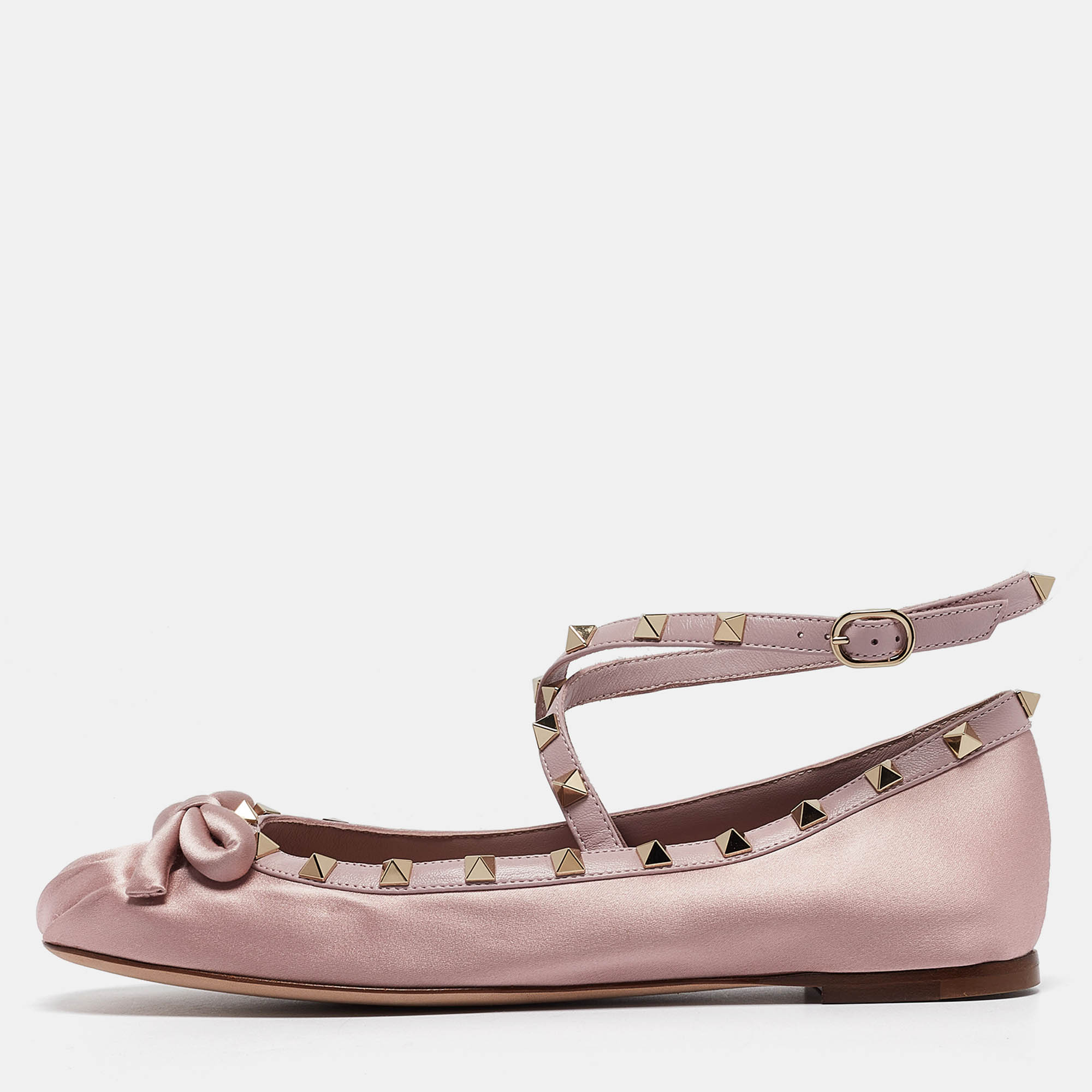 

Valentino Pink Satin Rockstud Ankle Strap Ballet Flats Size