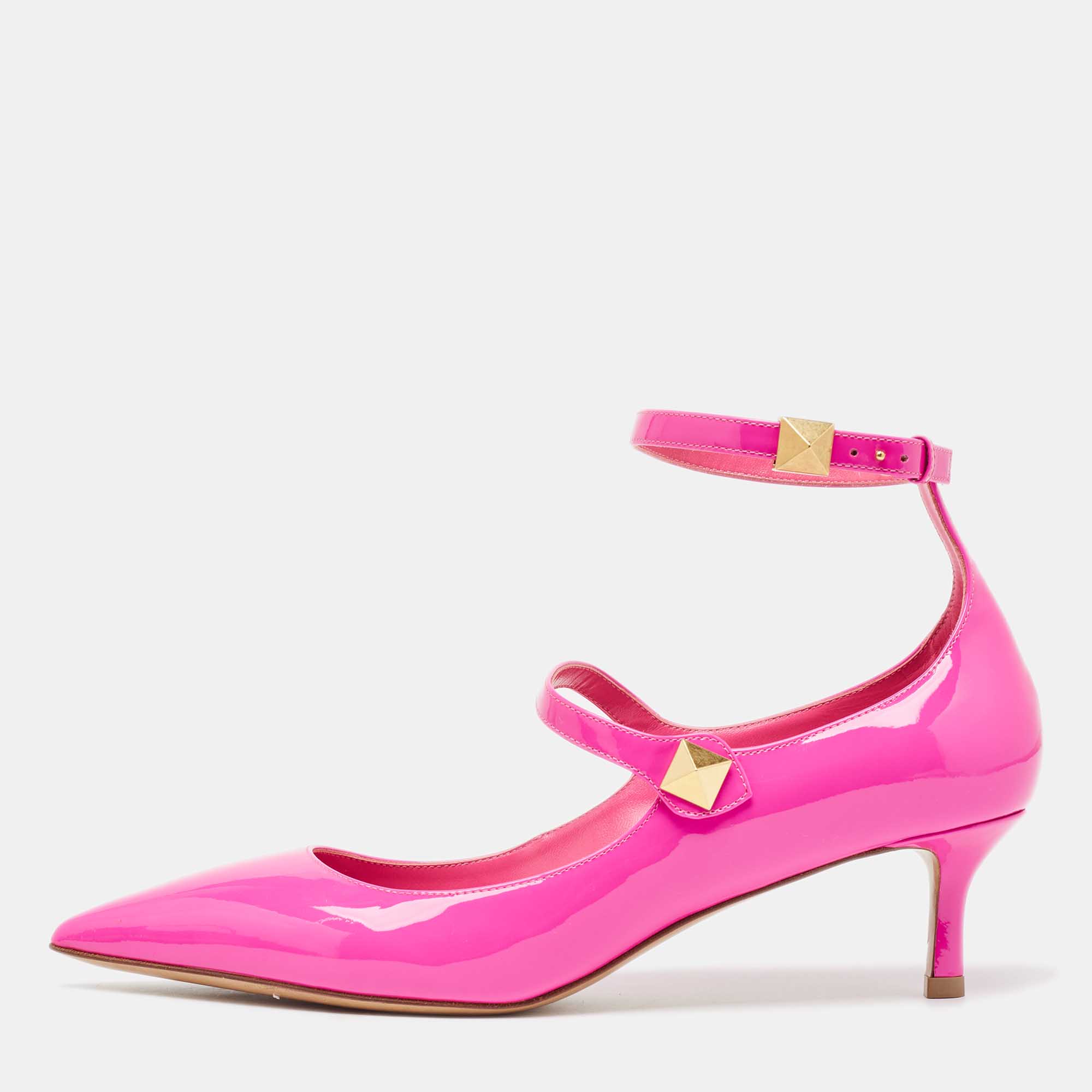Pre-owned Valentino Garavani Pink Patent Leather Rockstud Ankle Cuff Pointed Toe Pumps Size 40