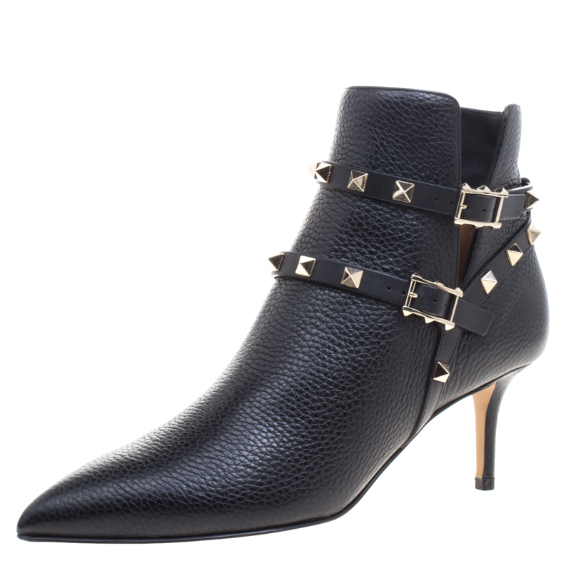 Pre Owned Valentino Black Leather Rockstud Pointed Toe Ankle Boots Size 37