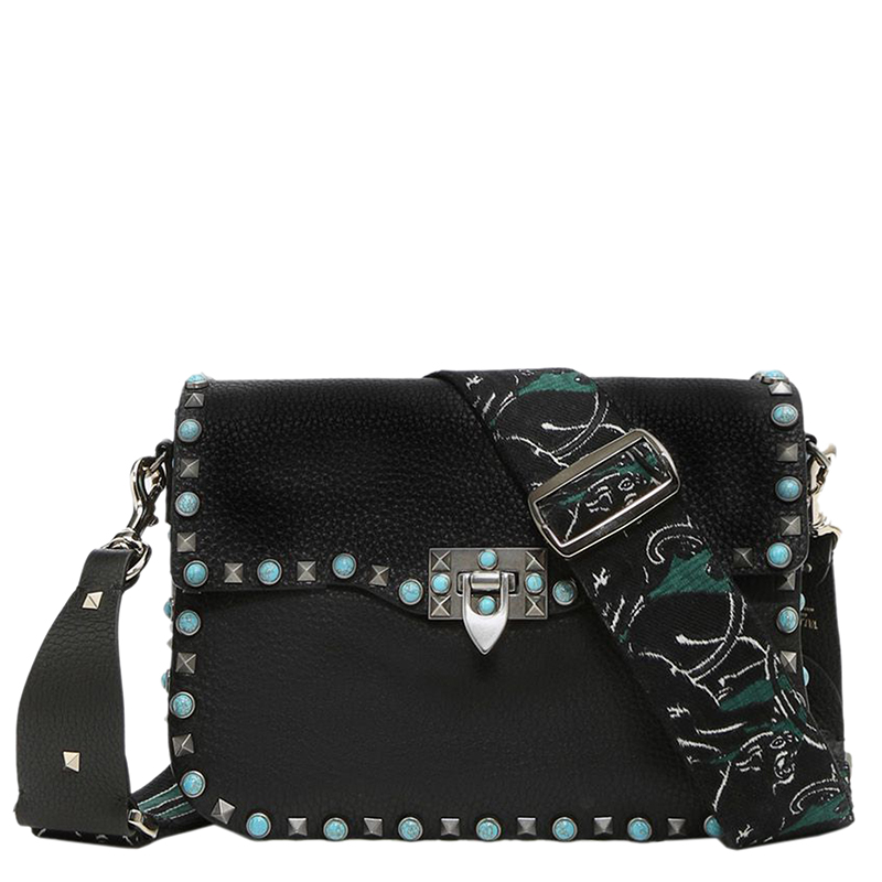 Pre Owned Valentino Emerald/Nero Cotton and Leather Camupanther Embroidery Guitar Rockstud Strap