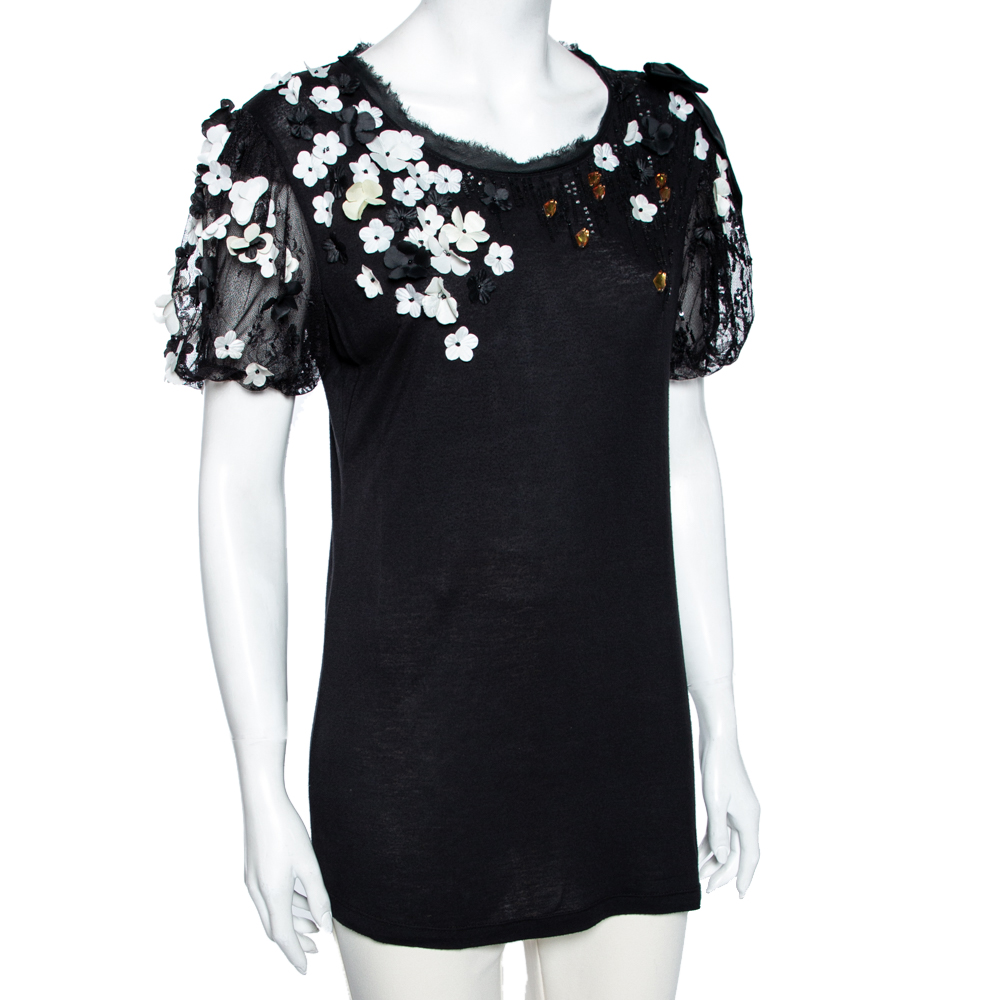 

Valentino T-Shirt Couture Black Floral Applique Embellished Jersey T-Shirt