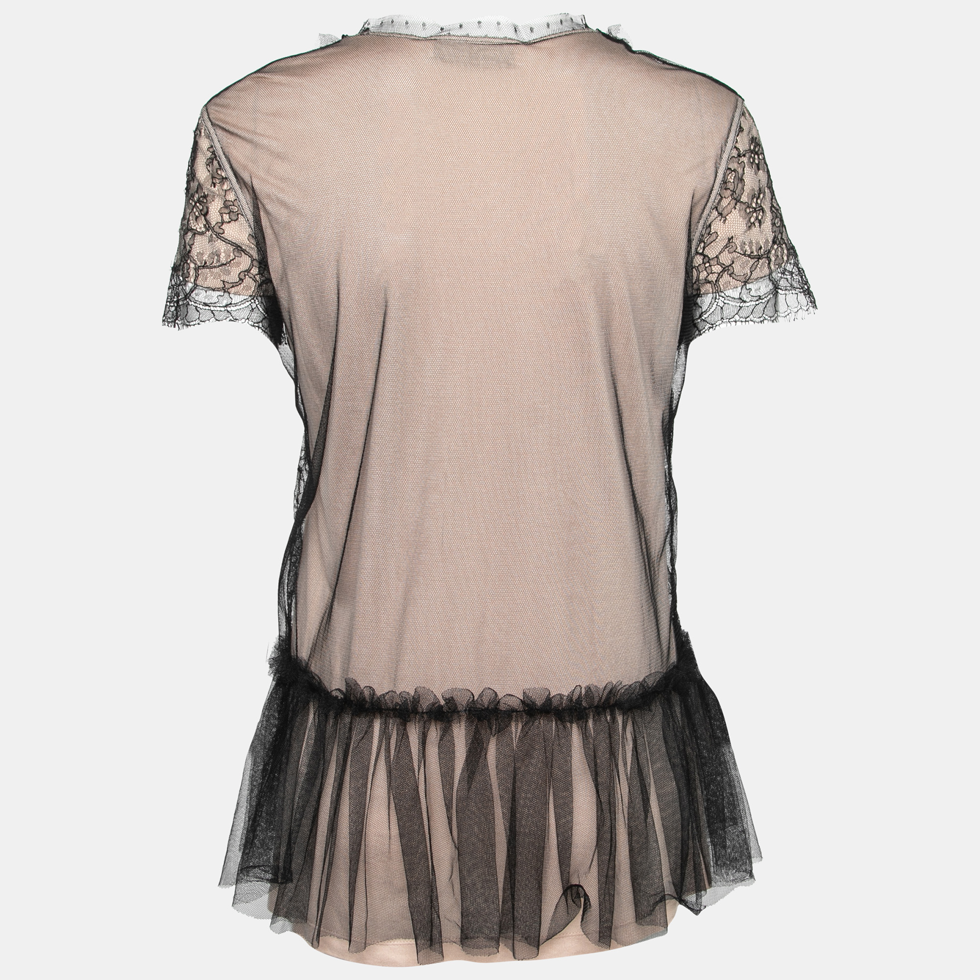 

Valentino T Shirt Couture Beige Jersey & Tulle Overlay Lace Trimmed T-Shirt