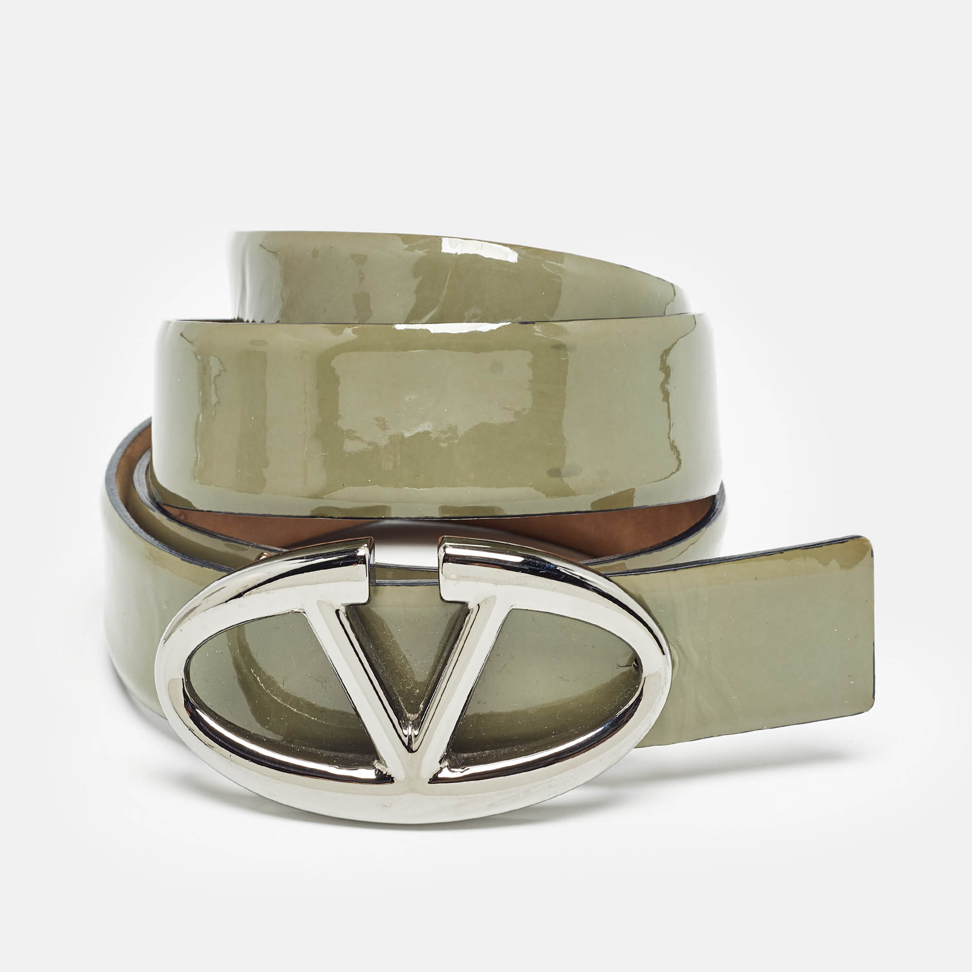 Pre-owned Valentino Garavani Olive Green Patent Leather Vlogo Buckle Belt 85 Cm