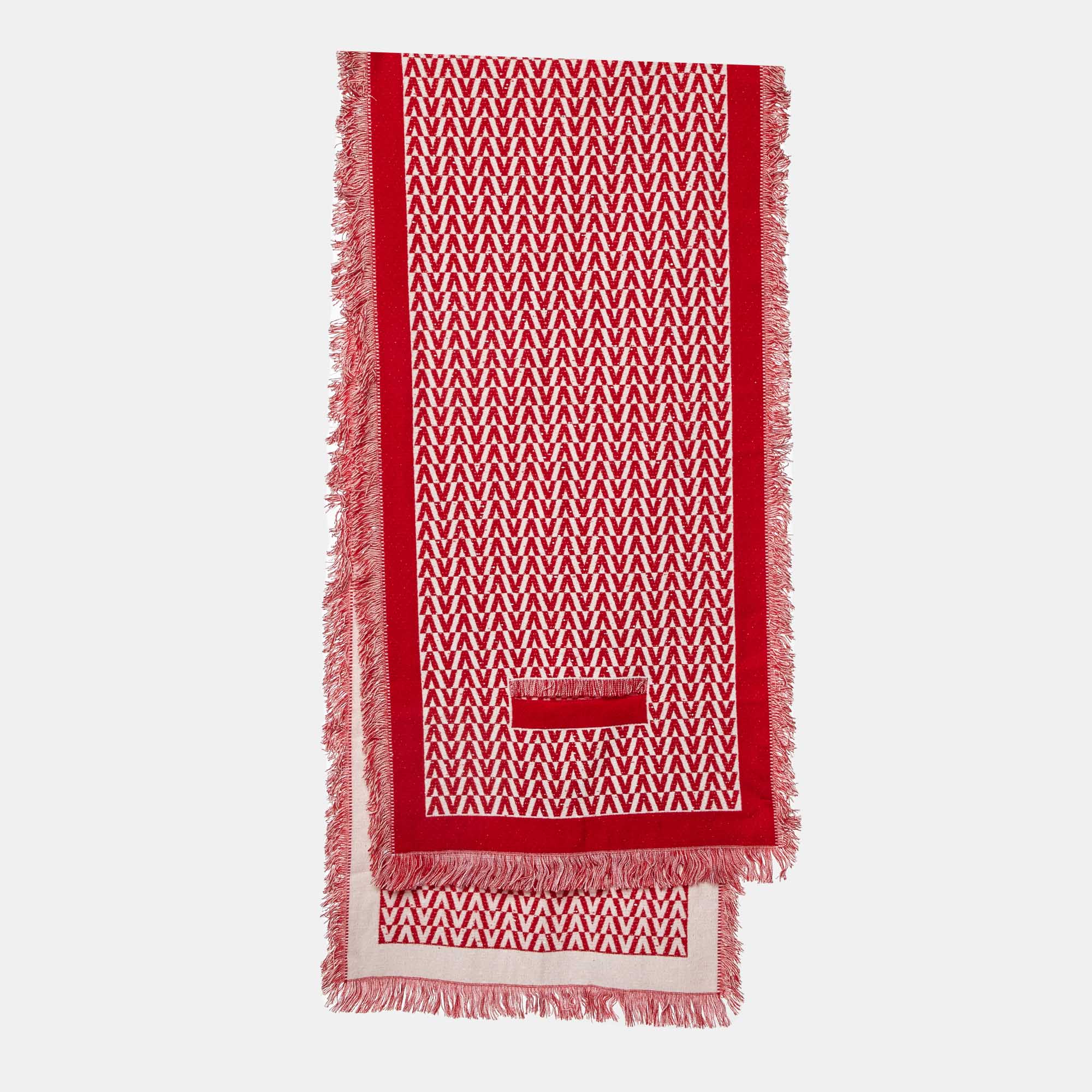 Pre-owned Valentino Red Optical V-logo Wool Poncho Scarf