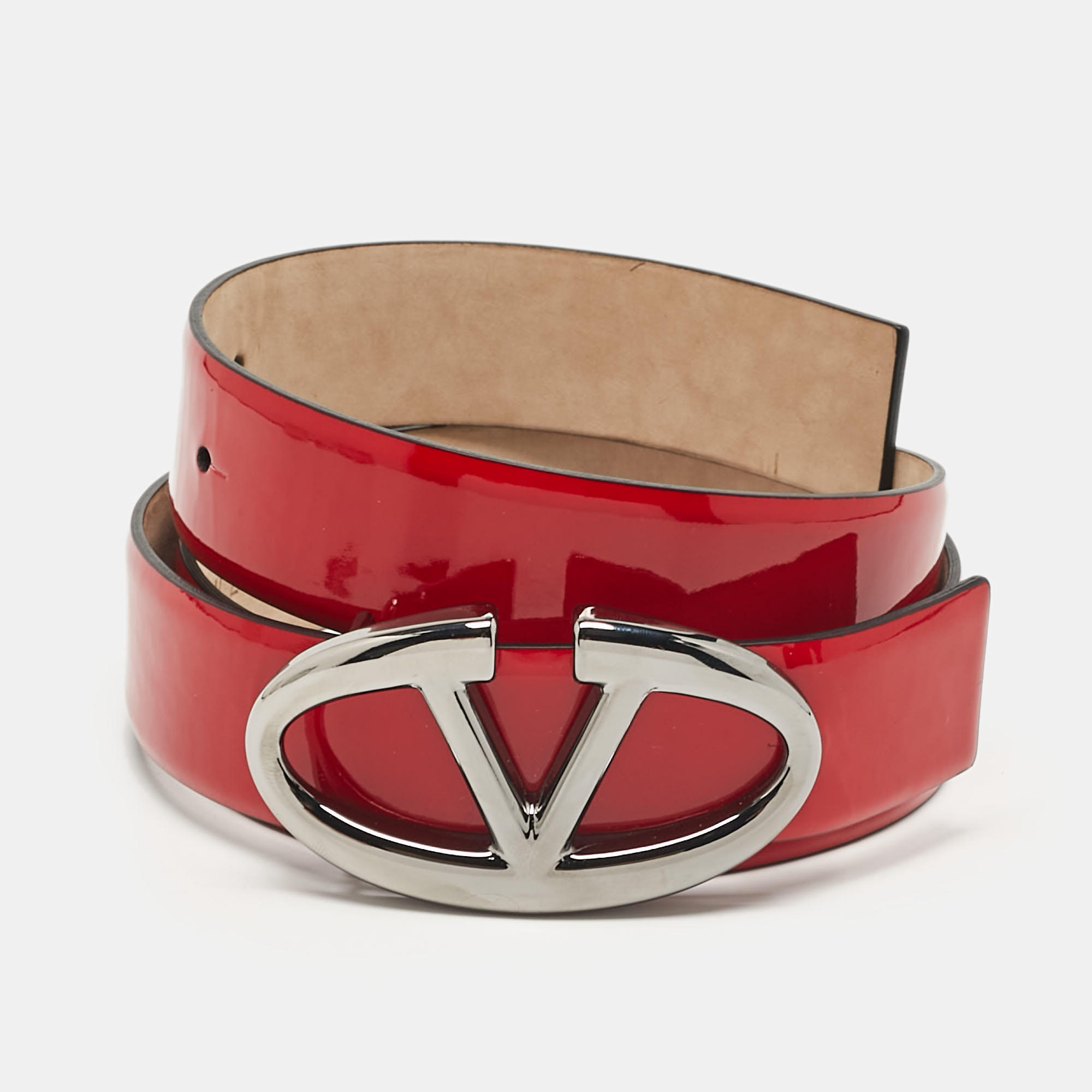 Pre-owned Valentino Garavani Red Patent Leather Vlogo Buckle Belt 85 Cm