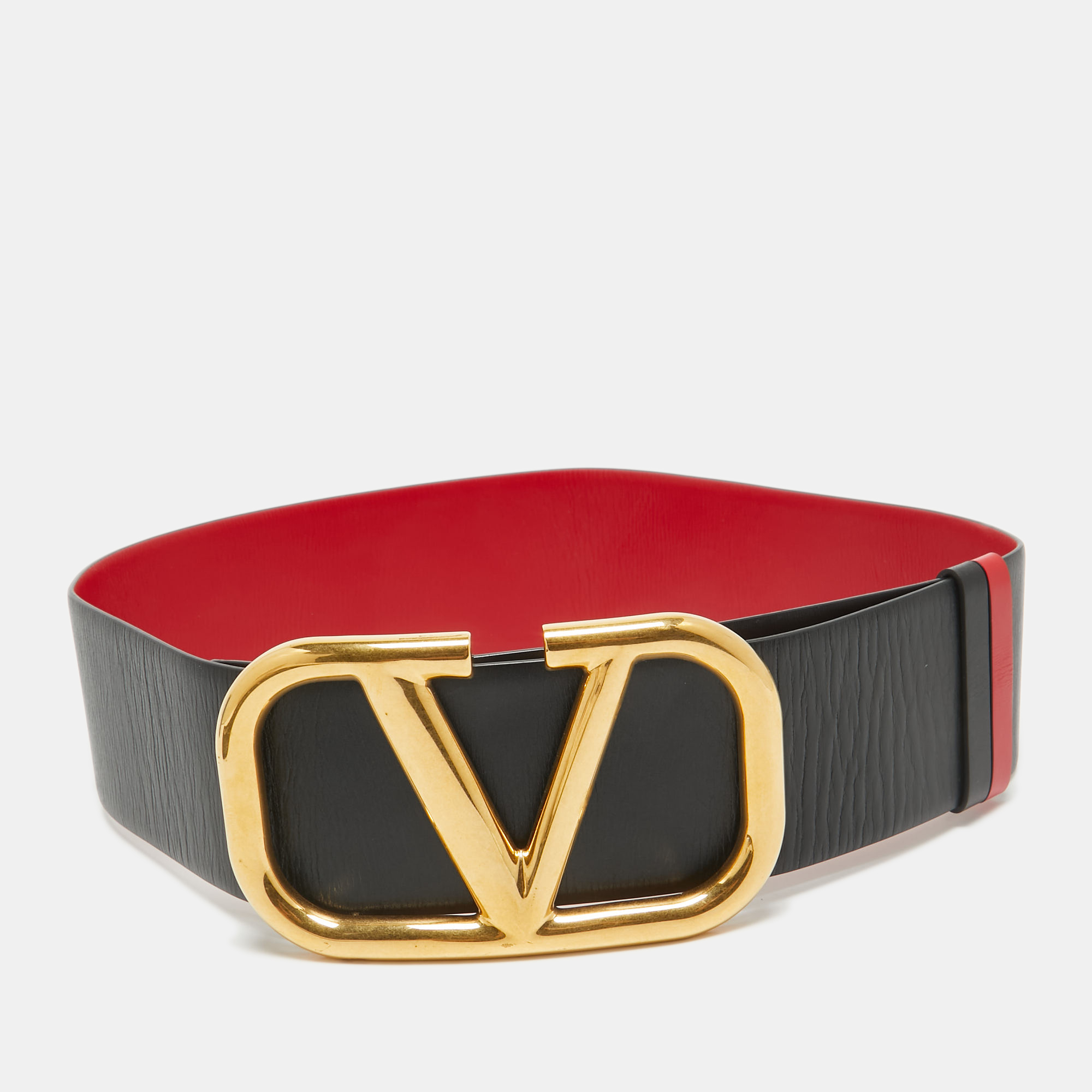 Pre-owned Valentino Garavani Black/red Leather Vlogo Reversible Wide Belt 105 Cm