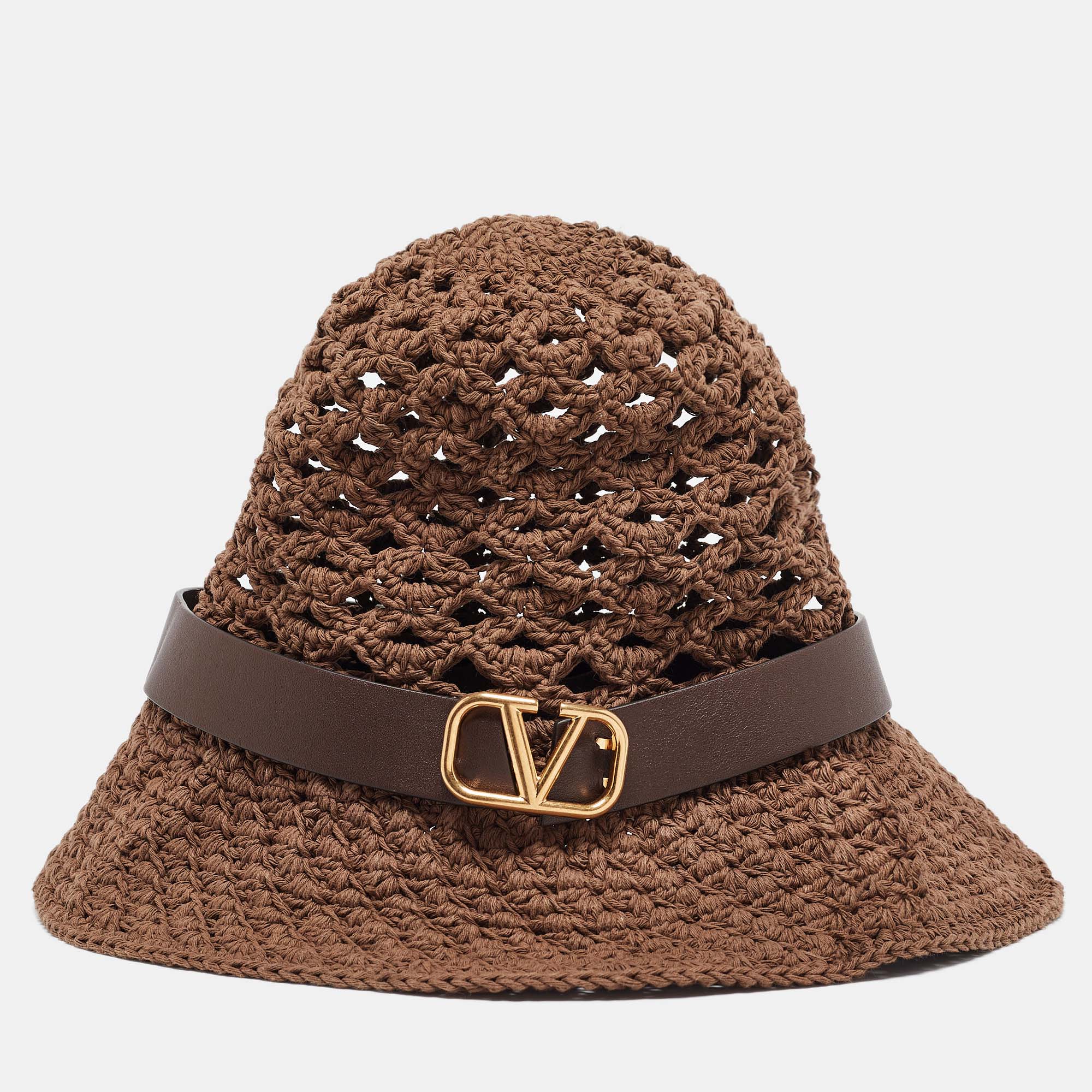 

Valentino Brown Vlogo Leather Belted Crochet Fedora Hat M