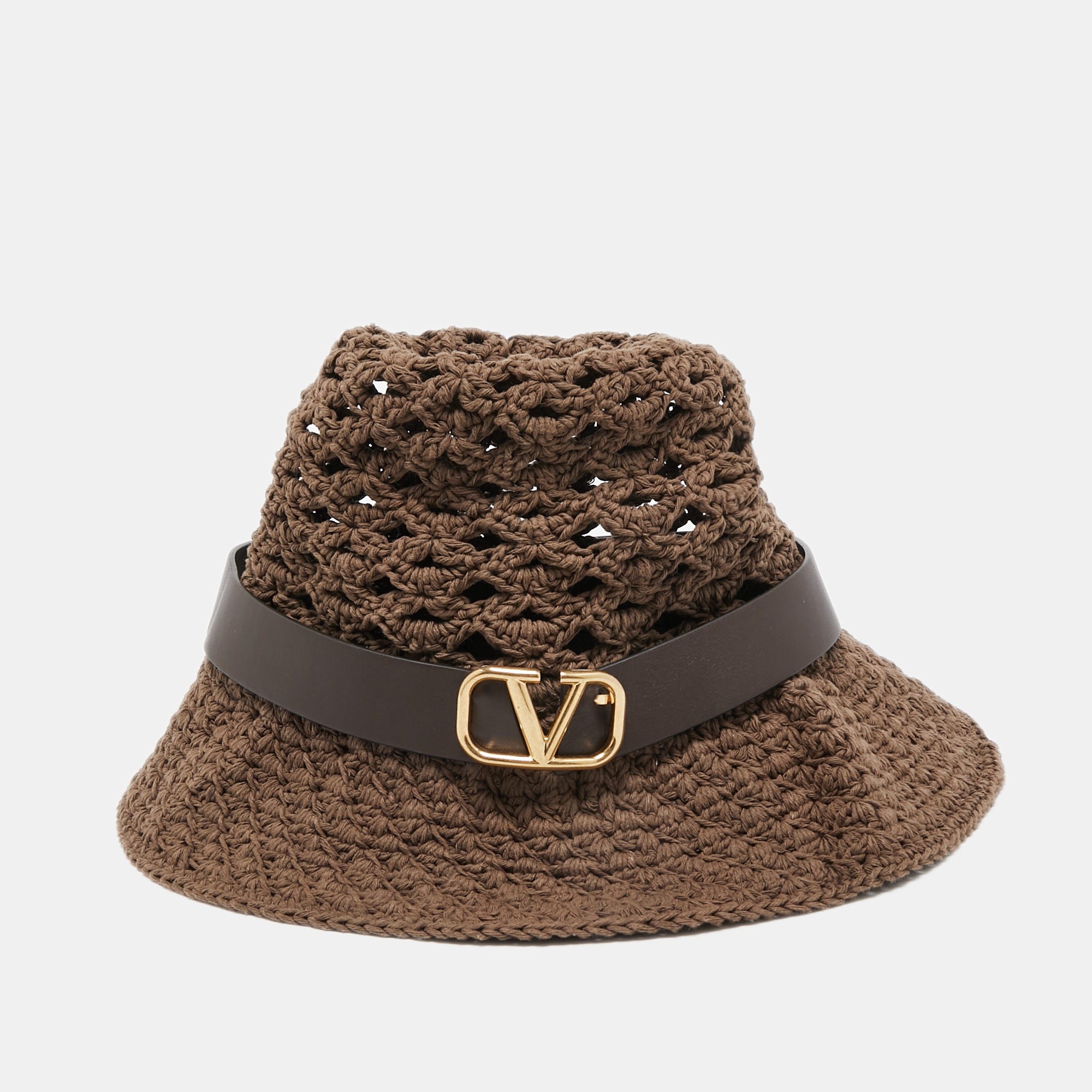 

Valentino Brown Vlogo Leather Belted Crochet Fedora Hat M