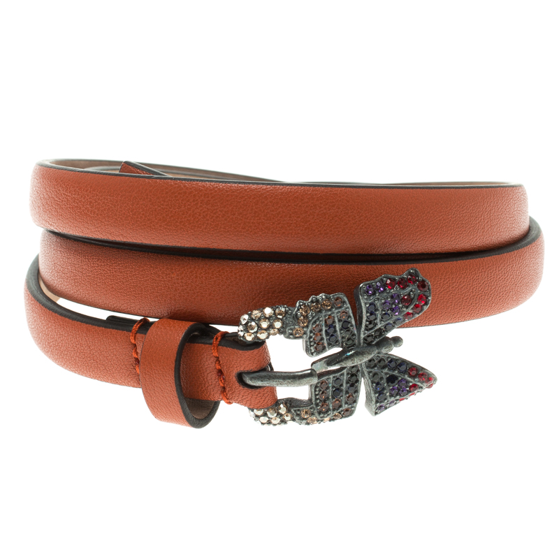 

Valentino Orange Leather Crystal Embellished Butterfly Skinny Buckle Belt