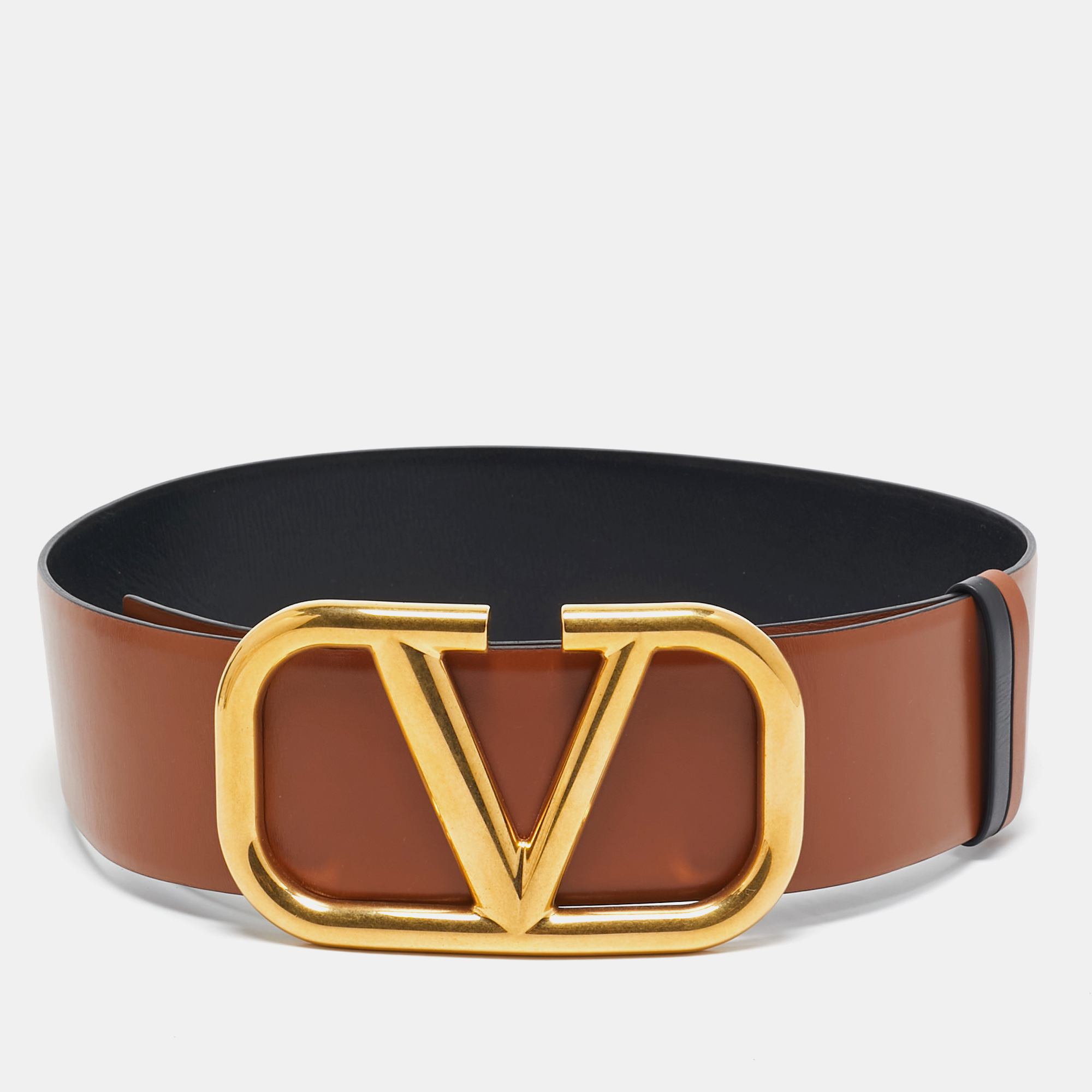 

Valentino Brown/Black Leather VLogo Wide Waist Belt