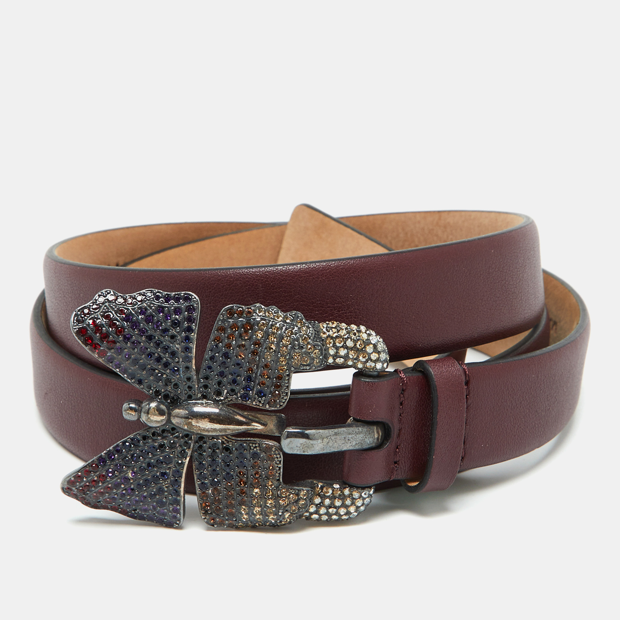 

Valentino Burgundy Leather Crystal Embellished Butterfly Buckle Slim Belt